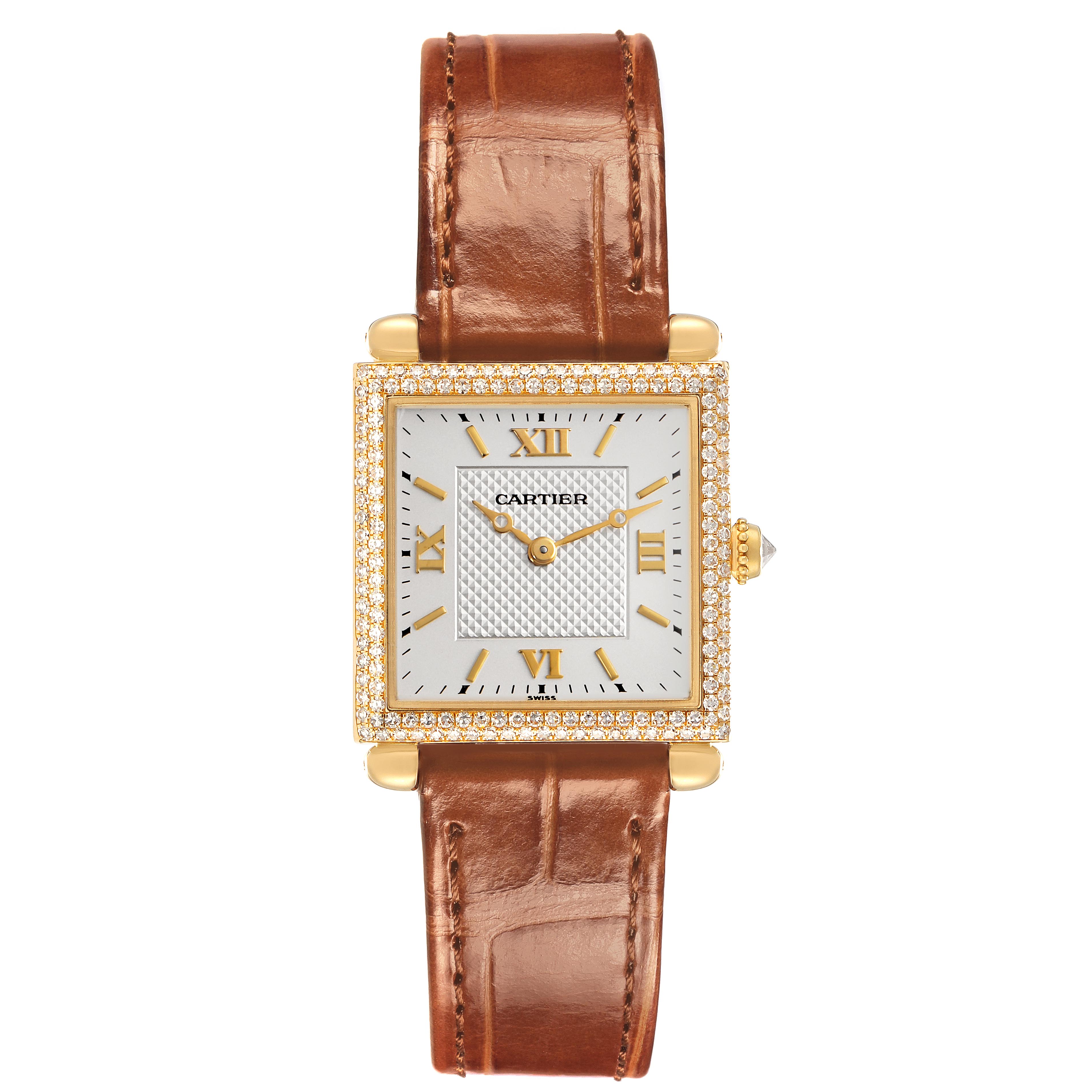 The Cartier Tank Obus WB800351 Women
s Yellow Gold Silver Dial WB800351 Women
s Yellow Gold Silver Dial watch is shown from a top-down angle, displaying its dial, bezel, and leather strap.