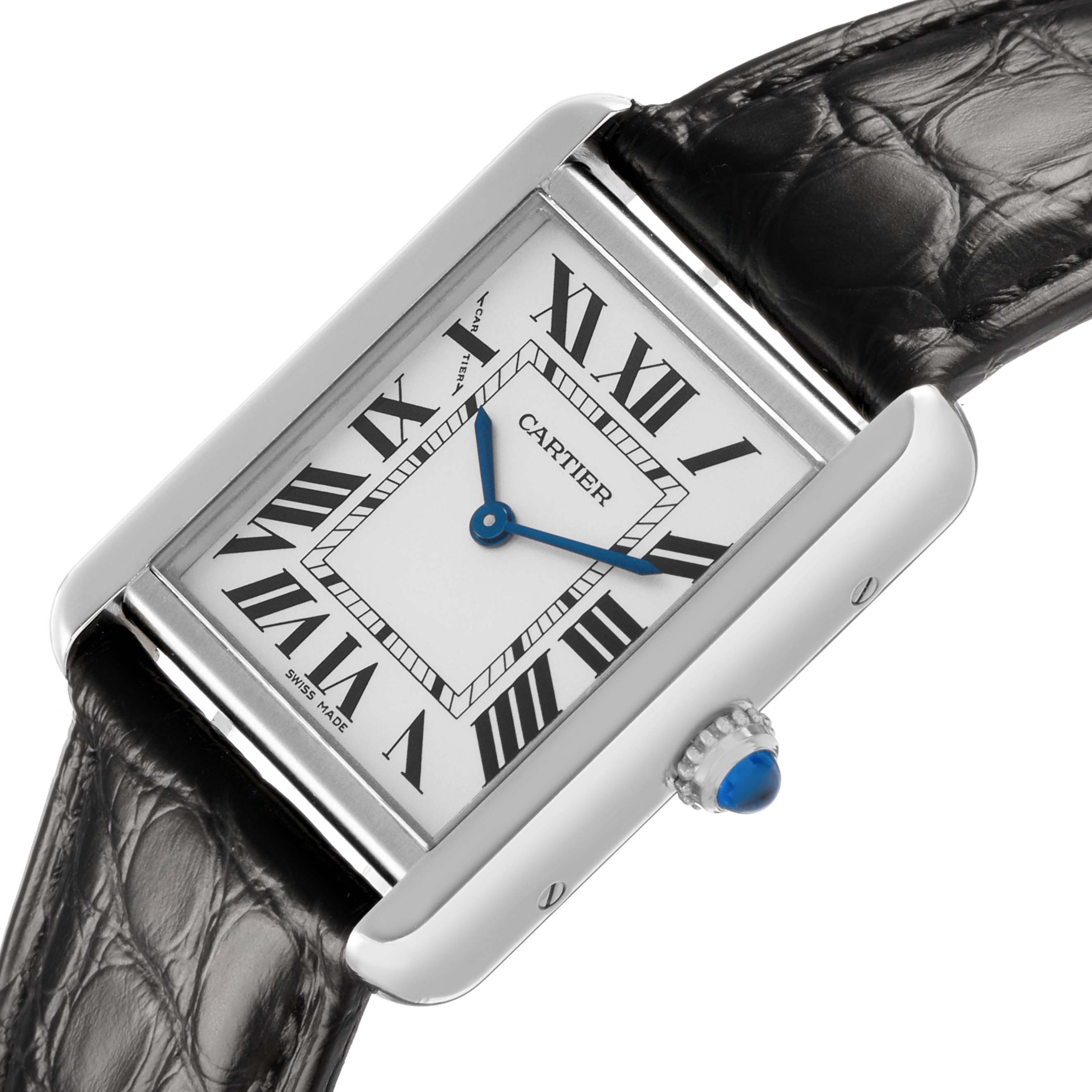 The Cartier Tank Solo W5200005 Women's Stainless Steel Silver Dial watch is shown from a slight angle, highlighting the rectangular case and black leather strap.