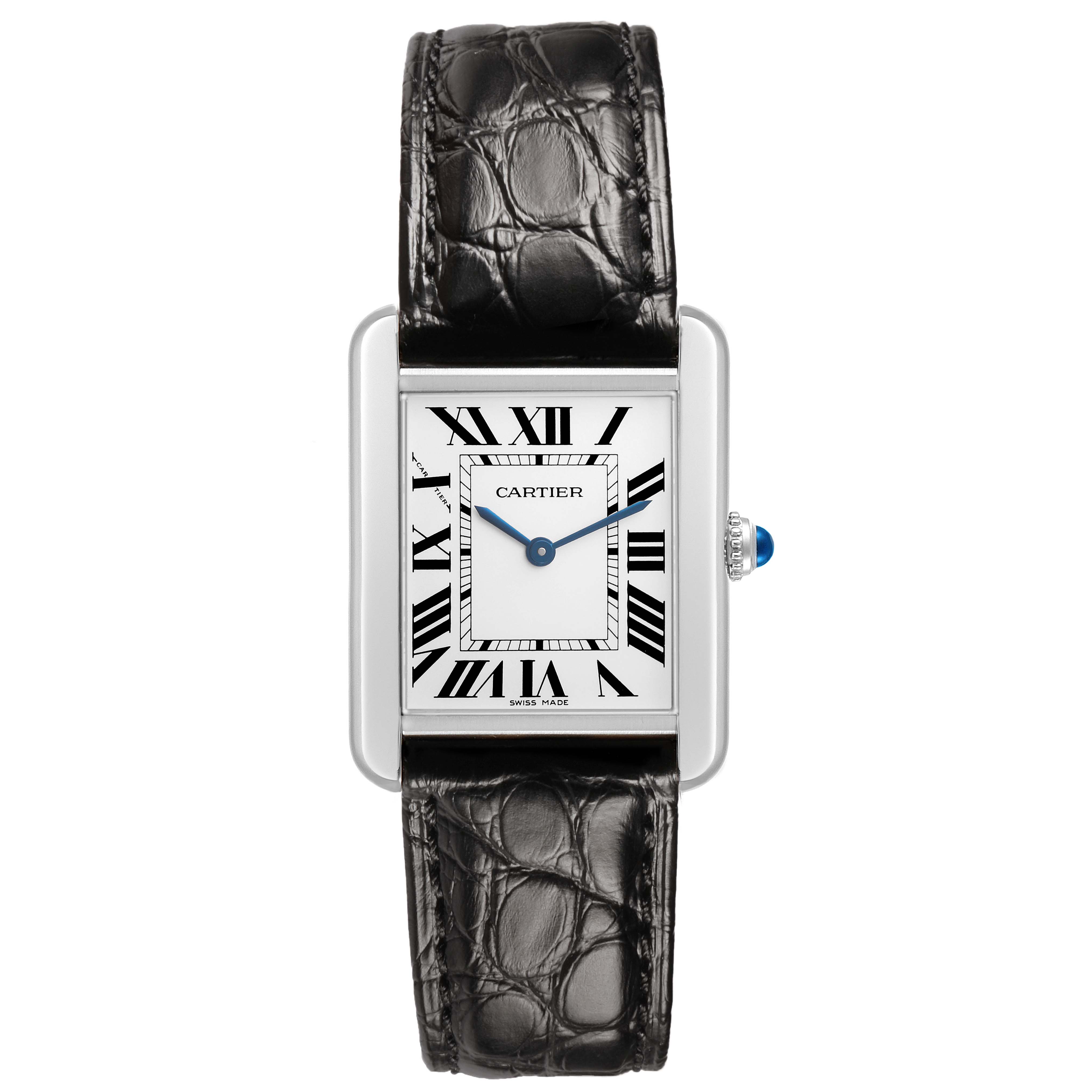 The Cartier Tank Solo W5200005 Women's Stainless Steel Silver Dial is shown from the front, displaying the dial, Roman numerals, blued hands, and leather strap.