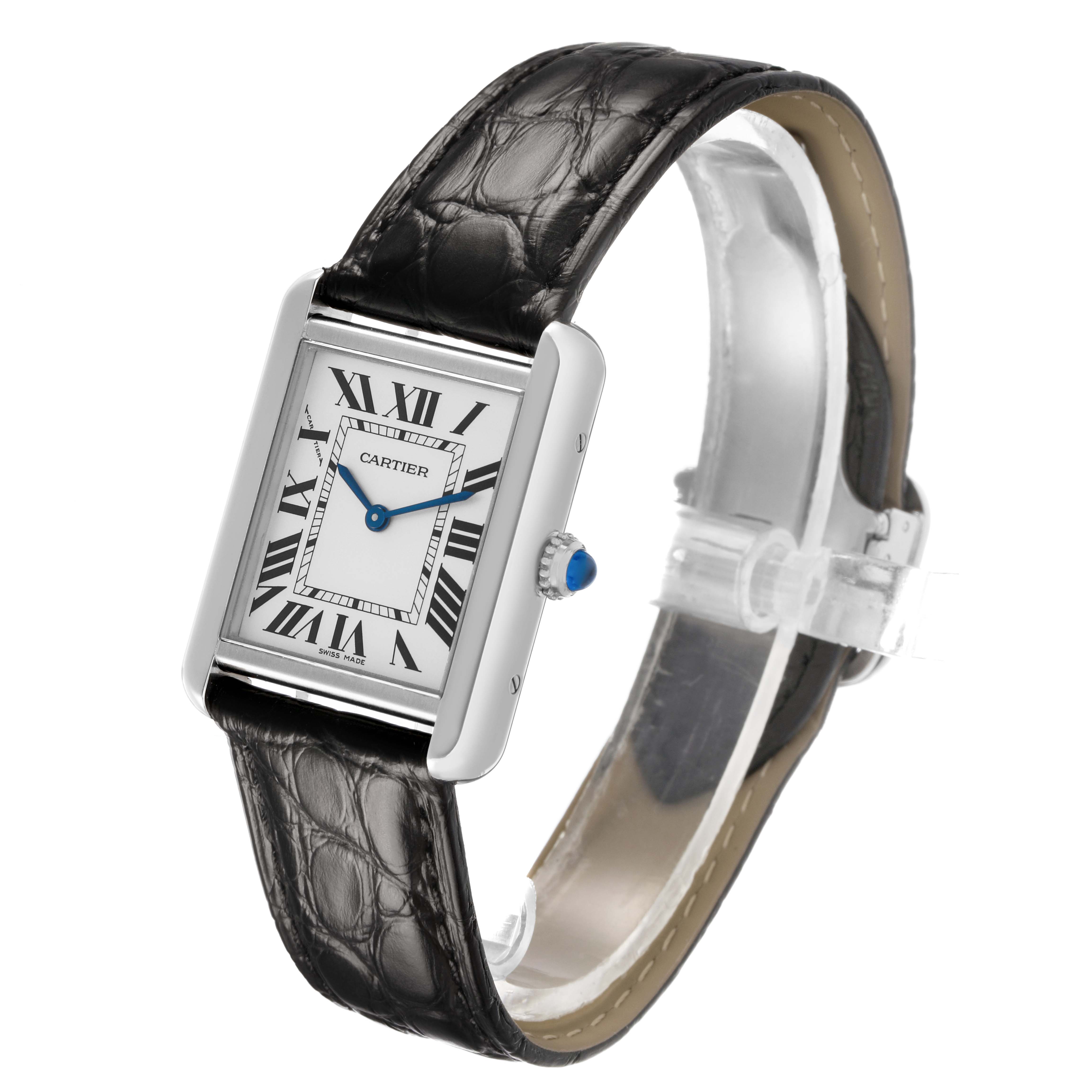 The Cartier Tank Solo W5200005 Women's Stainless Steel Silver Dial watch is shown at a slight angle displaying the face, case, and strap with a visible crown detail.