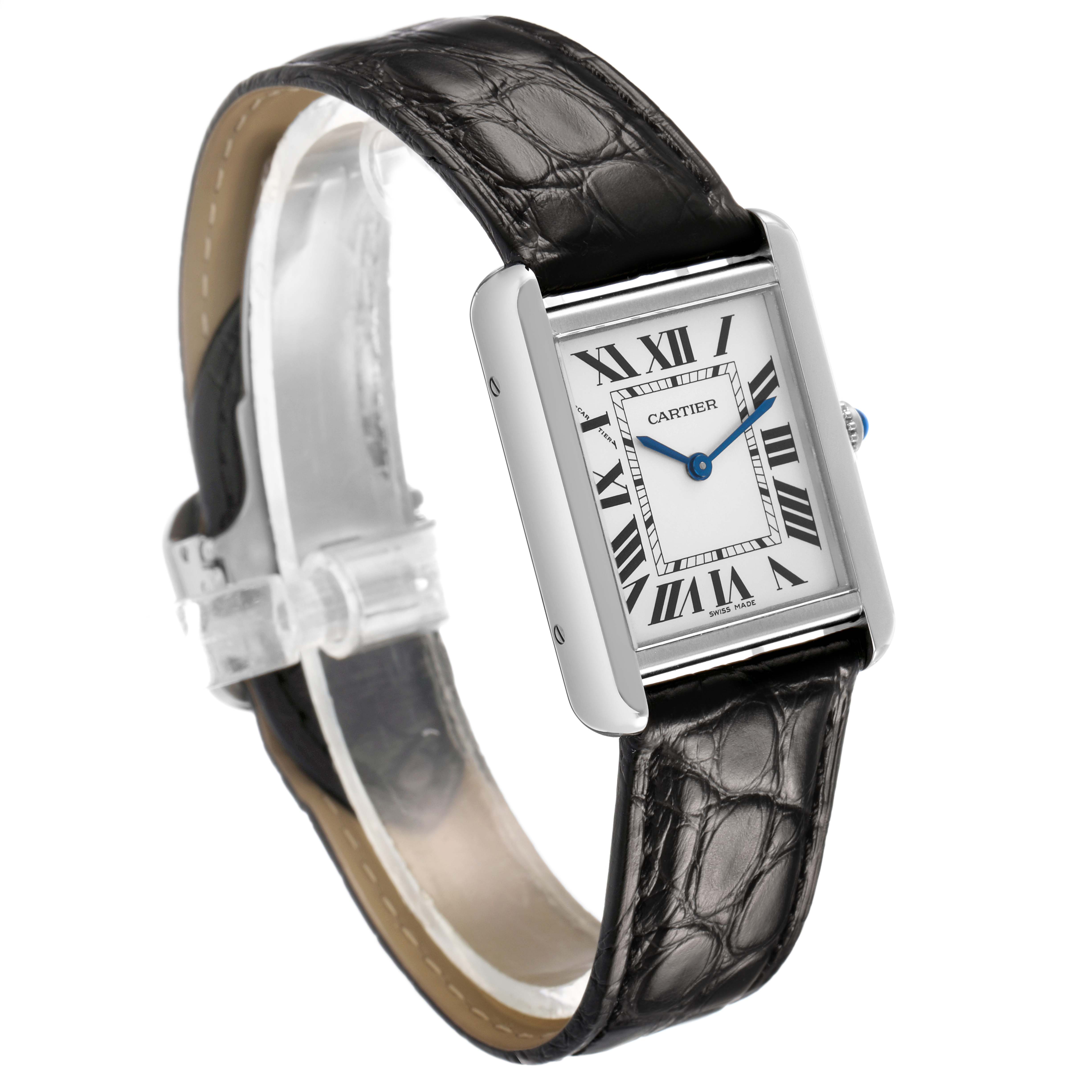 The Cartier Tank Solo W5200005 Women's Stainless Steel Silver Dial watch is shown at a slight angle, showcasing its face, leather strap, and metal case.