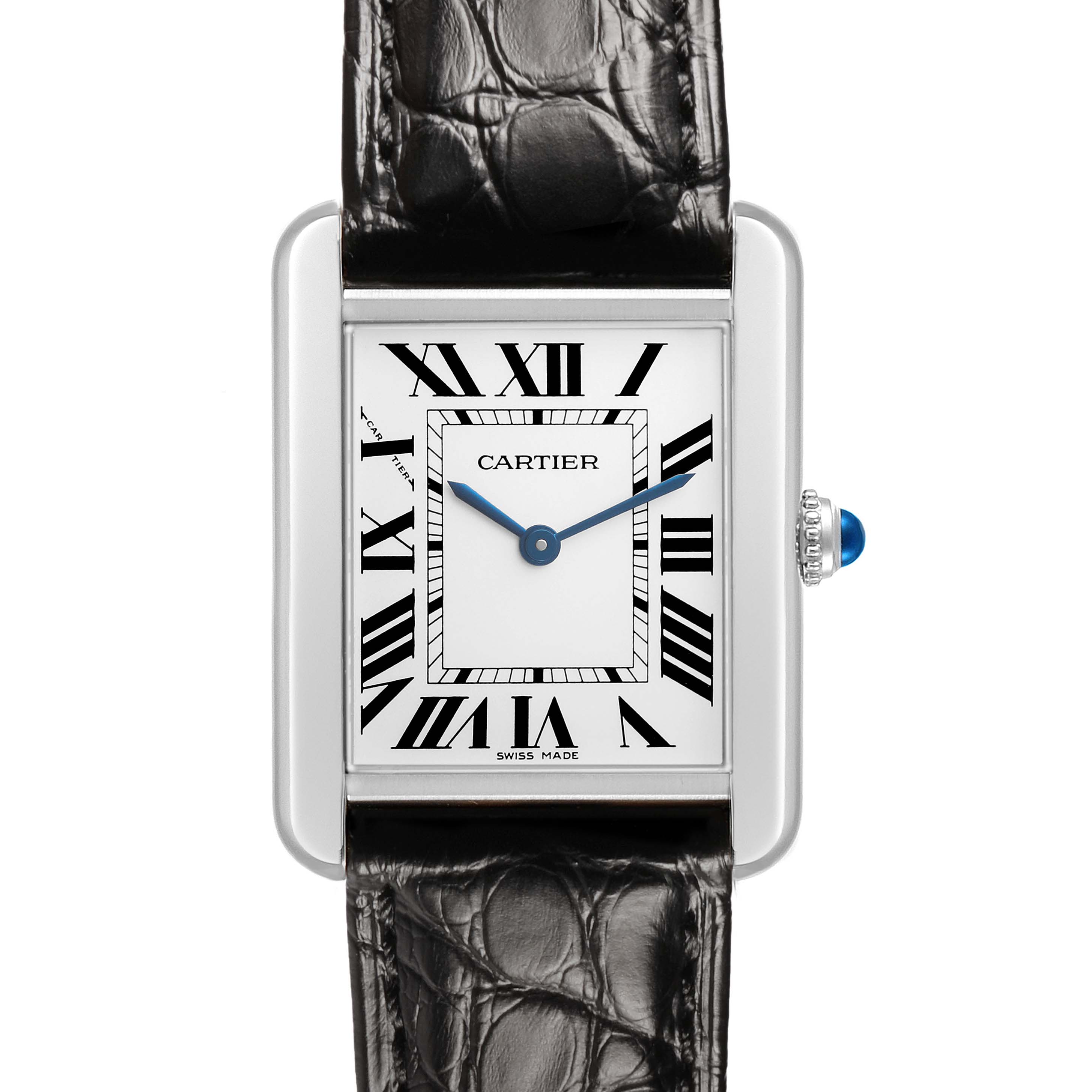 The image shows a frontal view of the Cartier Tank Solo W5200005 Women's Stainless Steel Silver Dial watch, displaying its rectangular face and black leather strap.
