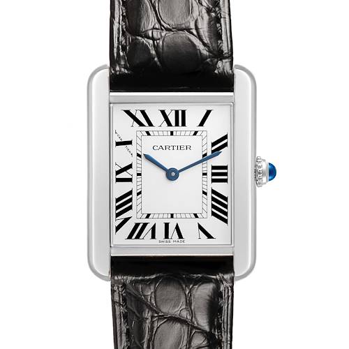 The Cartier Tank Solo W5200005 Women's Stainless Steel Silver Dial watch is shown from the front, highlighting its rectangular face, Roman numerals, blue hands, and leather strap.