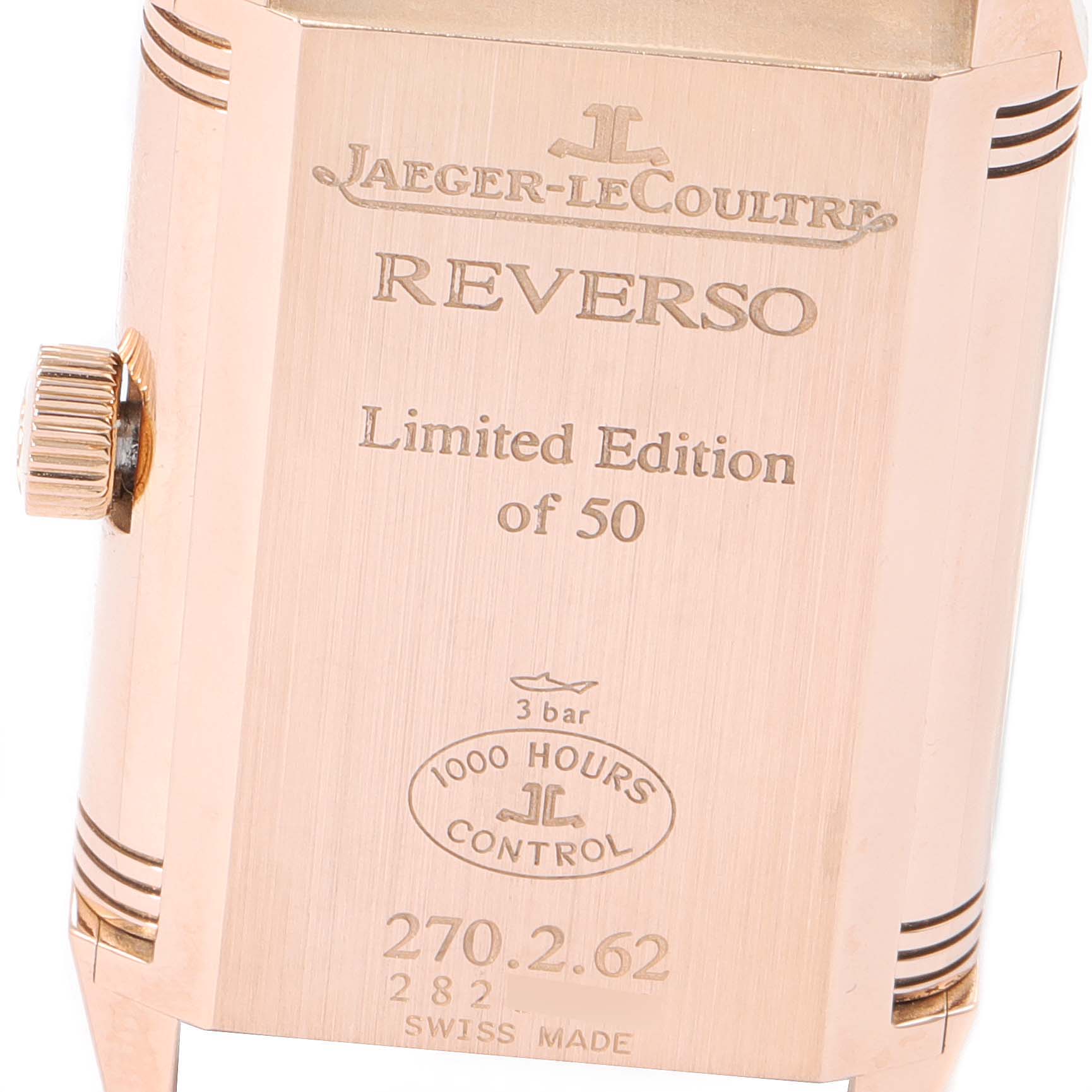 The image shows the back of the Jaeger-LeCoultre Reverso watch, highlighting its limited edition details and serial numbers.