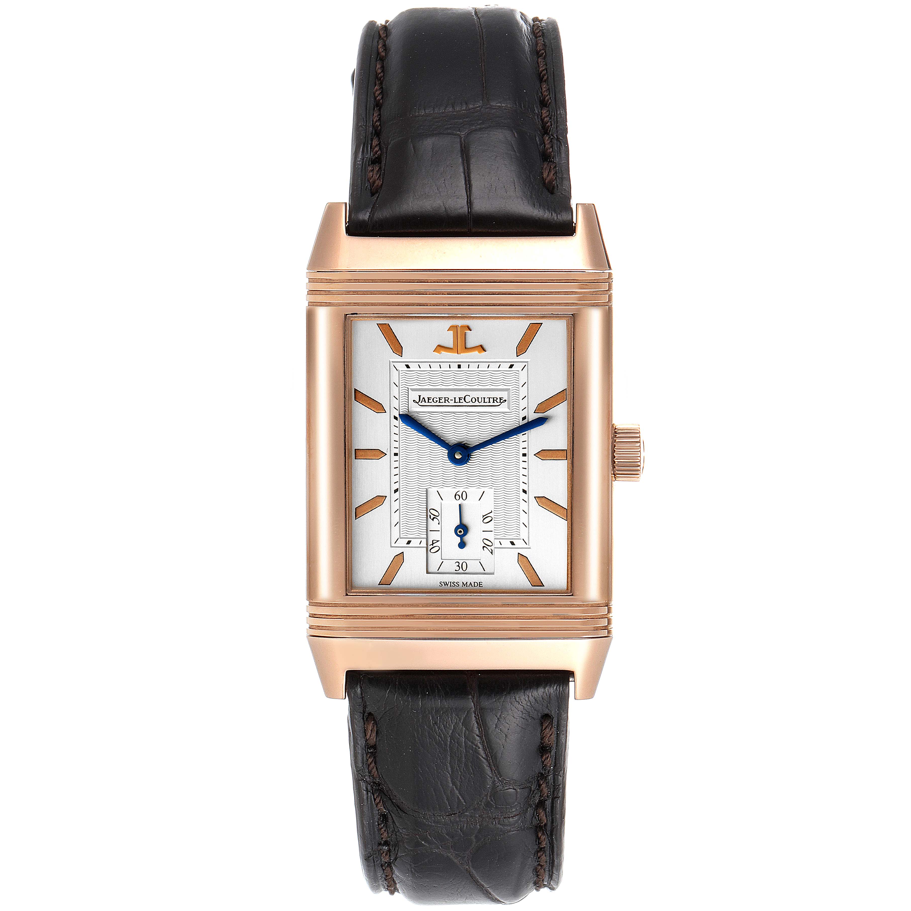 The image shows a front-facing view of the Jaeger LeCoultre Reverso Q270262 Men's Rose Gold Silver Dial Q270262 Men's Rose Gold Silver Dial watch, highlighting its dial, case, and leather strap.