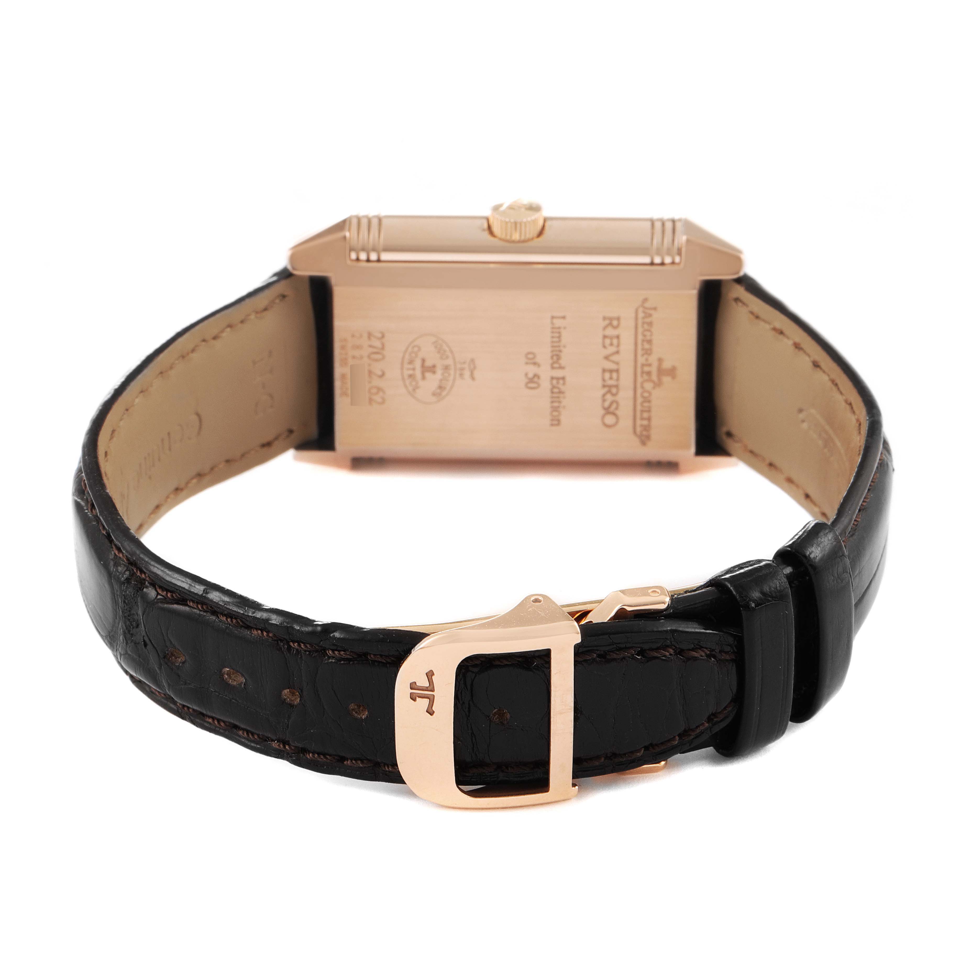 The image shows the back view of a Jaeger LeCoultre Reverso Q270262 Men's Rose Gold Silver Dial Q270262 Men's Rose Gold Silver Dial watch, highlighting its case back and black leather strap with clasp.