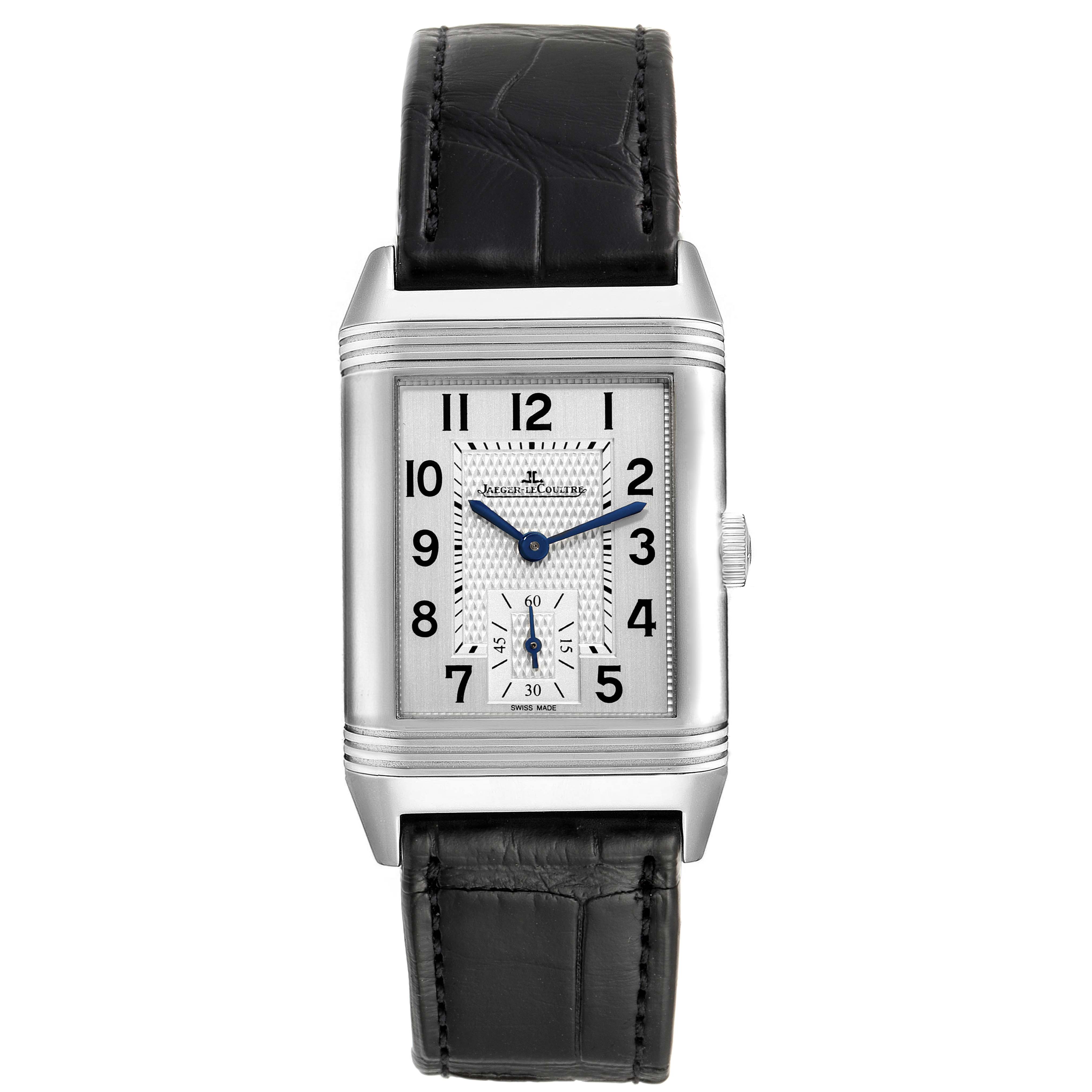 This image shows the front view of a Jaeger-LeCoultre Reverso watch with its rectangular dial, black leather strap, and crown visible.