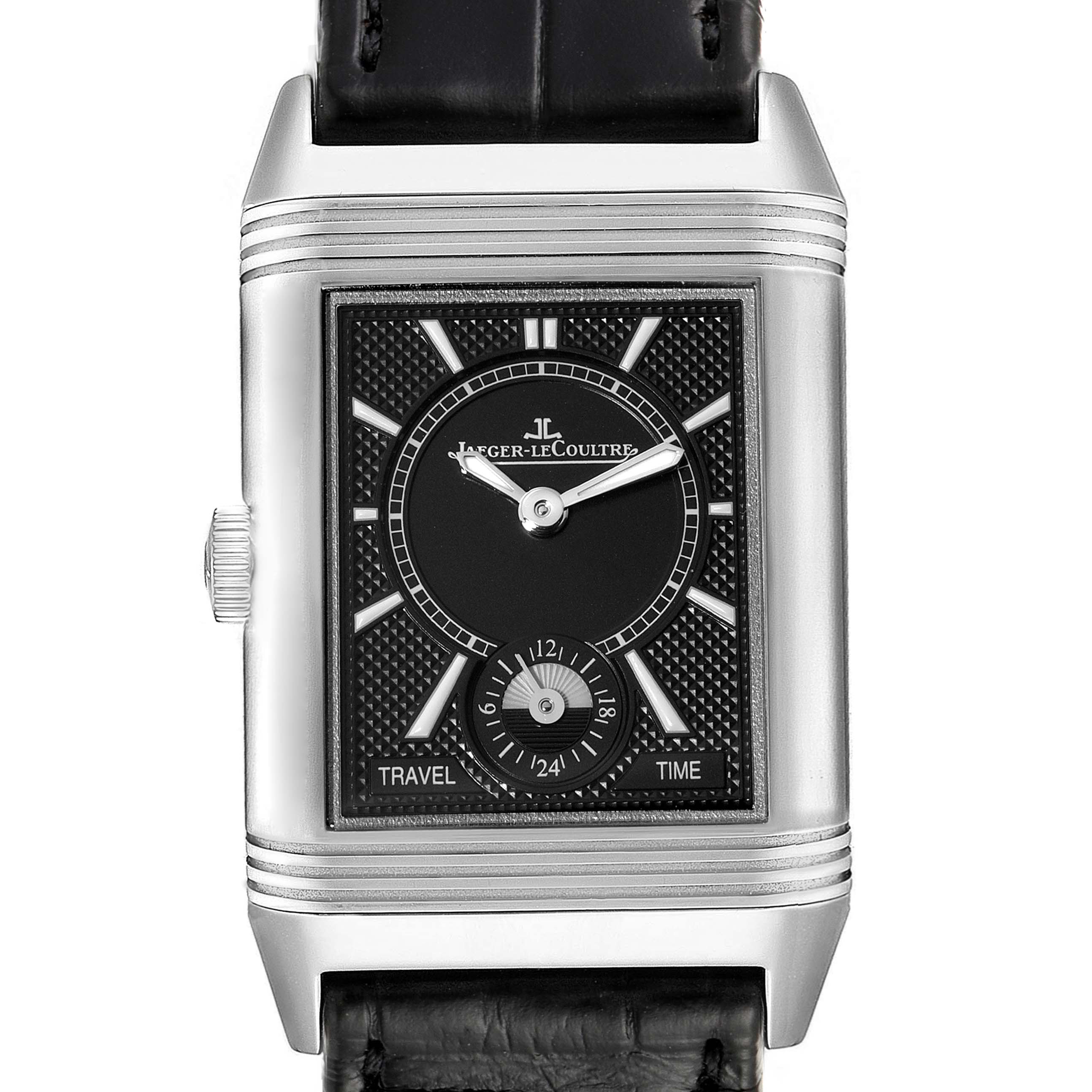 This image shows a close-up view of the Jaeger LeCoultre Reverso Q3848420 Men's Stainless Steel Silver Dial Q3848420 Men's Stainless Steel Silver Dial watch face and strap, focusing on the dial and case.