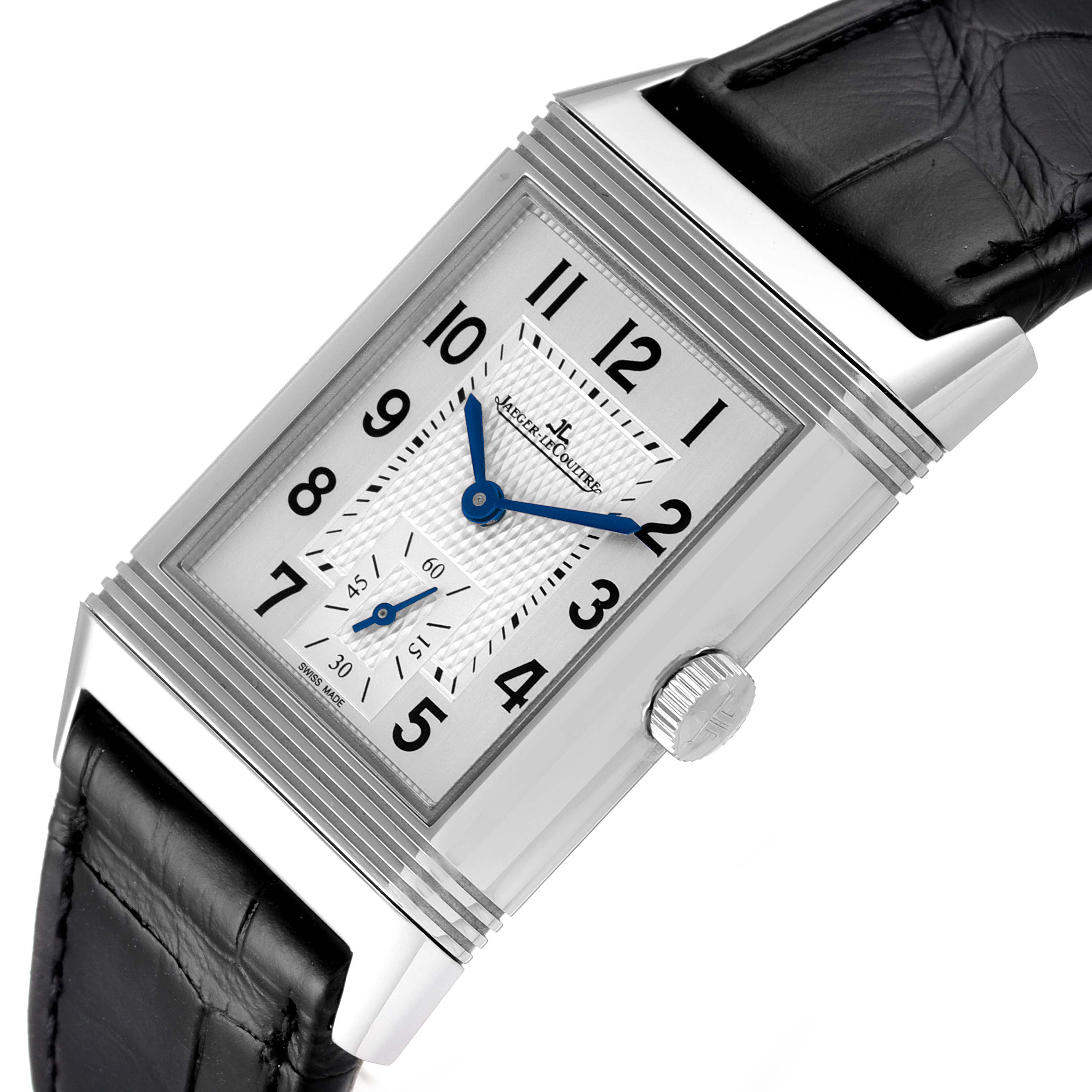 The image shows a close-up view of the Jaeger-LeCoultre Reverso watch face and leather strap at an angled perspective.
