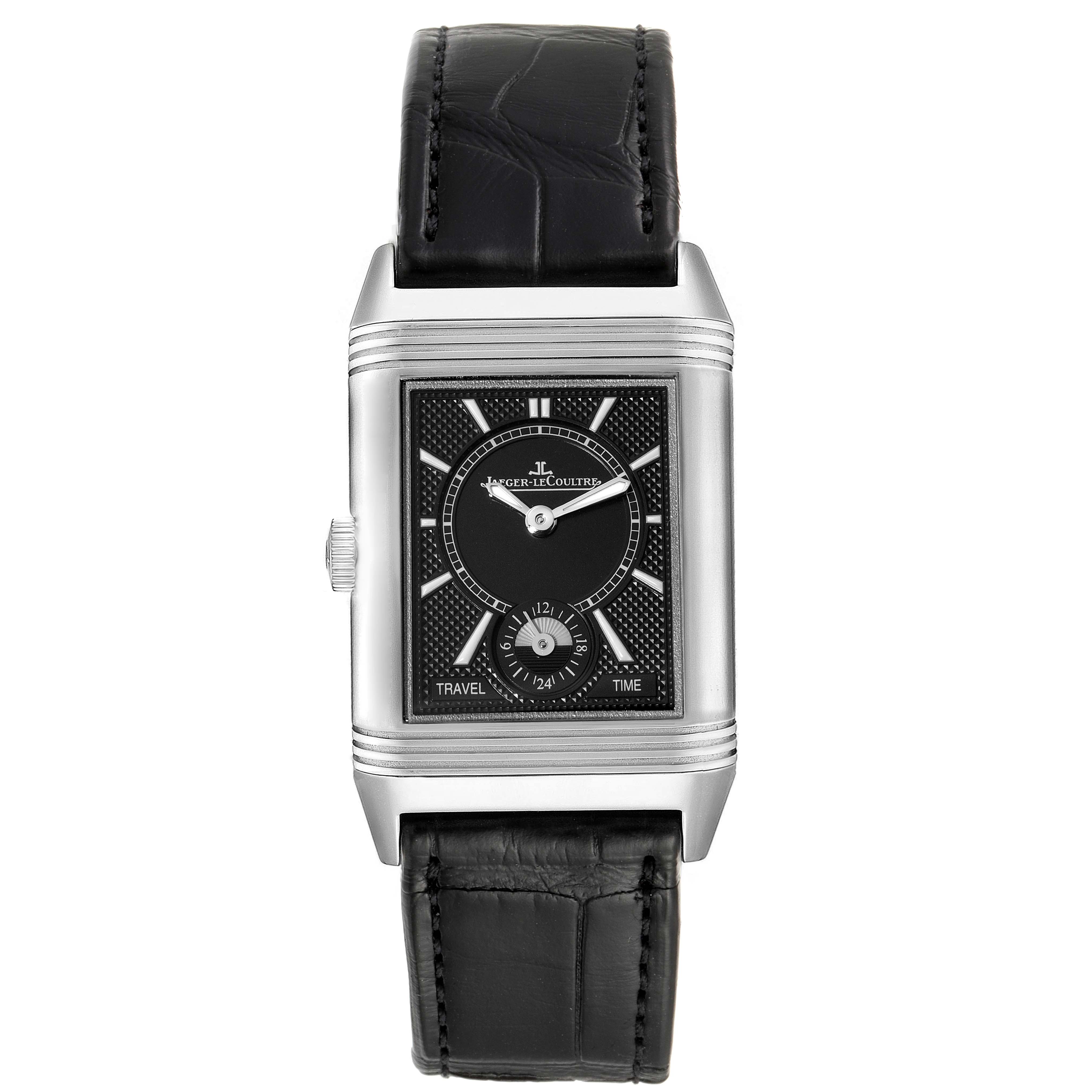 The Jaeger-LeCoultre Reverso watch is shown from the front, displaying its dial, case, and black leather strap.