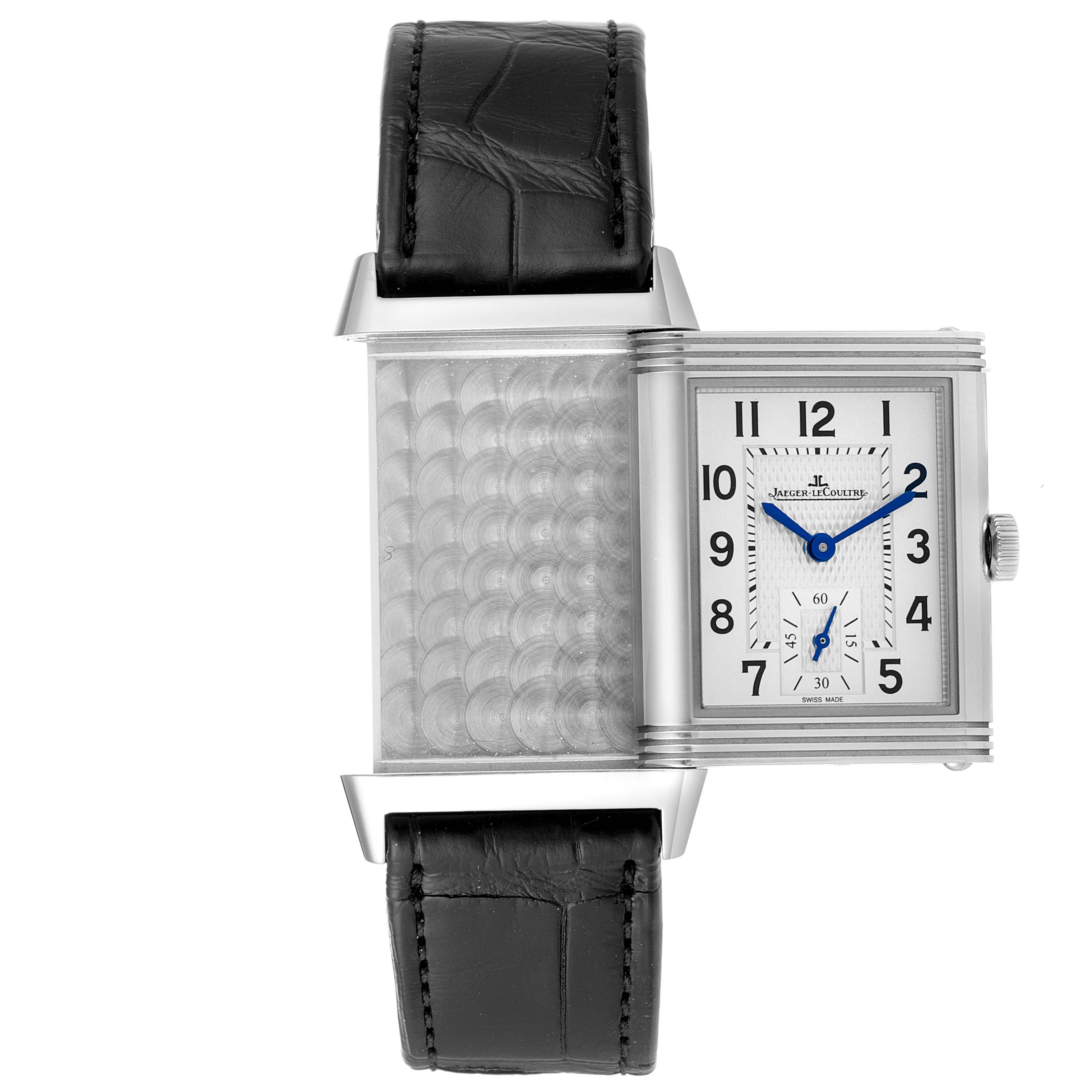 This image shows a front view of the Jaeger LeCoultre Reverso Q3848420 Men's Stainless Steel Silver Dial Q3848420 Men's Stainless Steel Silver Dial watch with its case partially flipped to reveal the back.