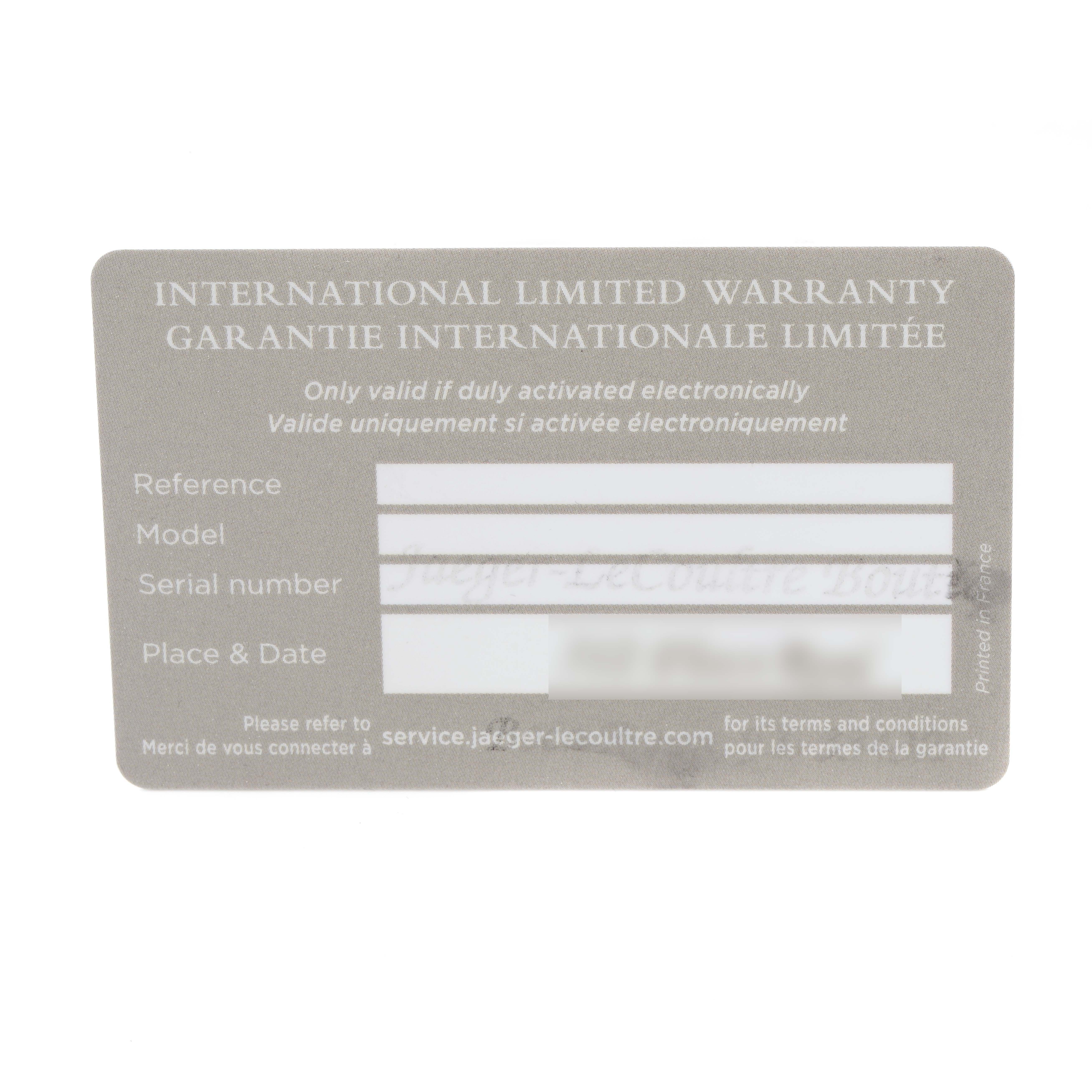 The image shows the International Limited Warranty card for a Jaeger-LeCoultre Reverso watch, viewed from the front.