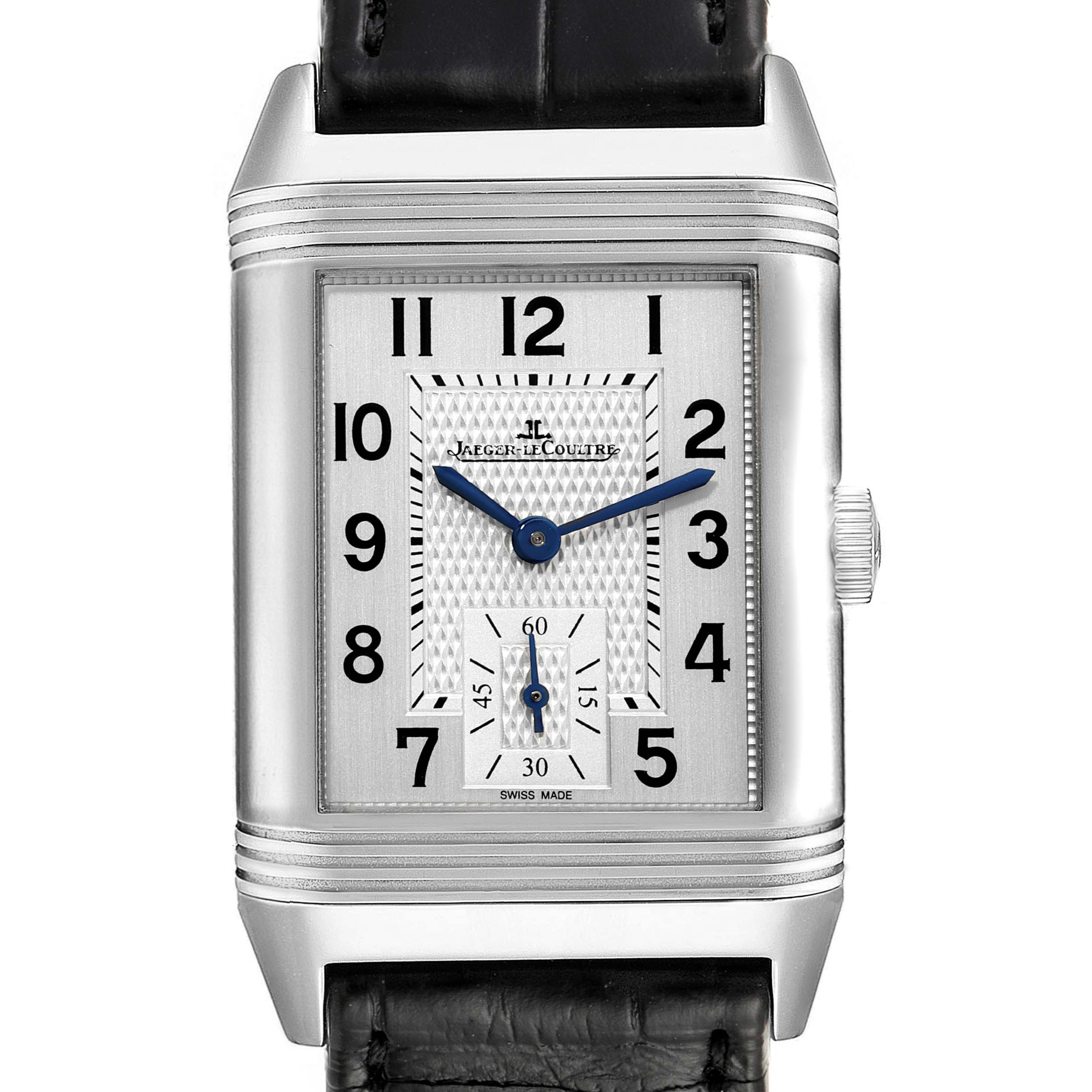 The image shows a frontal view of a Jaeger LeCoultre Reverso Q3848420 Men's Stainless Steel Silver Dial Q3848420 Men's Stainless Steel Silver Dial watch with a rectangular dial and black leather strap.