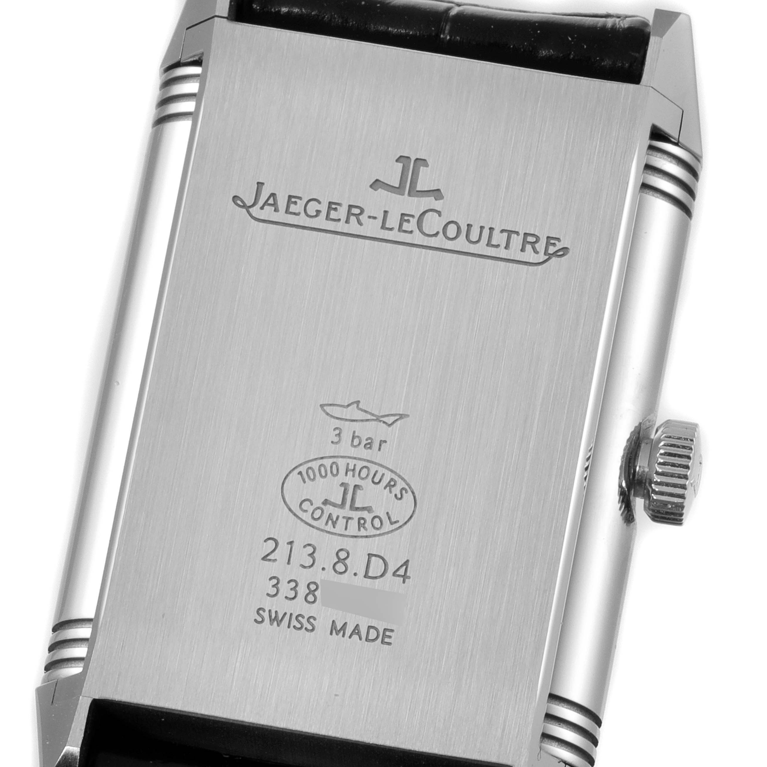 The image shows the back case and crown of a Jaeger LeCoultre Reverso Q3848420 Men's Stainless Steel Silver Dial Q3848420 Men's Stainless Steel Silver Dial watch.