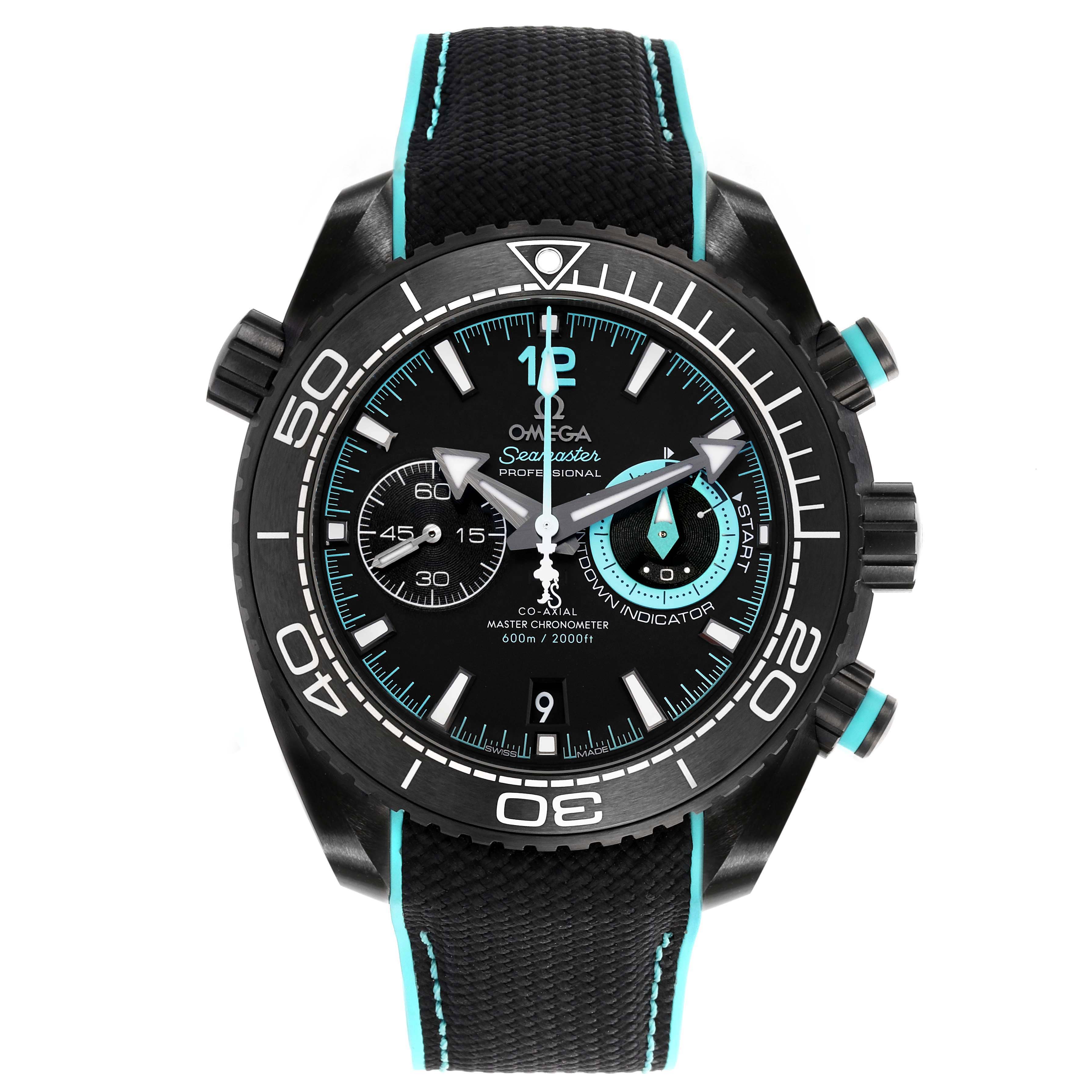 The Omega Planet Ocean 215.92.46.51.01.003 Men's Ceramic Black Dial watch is shown from a front angle, displaying its dial, bezel, and strap.