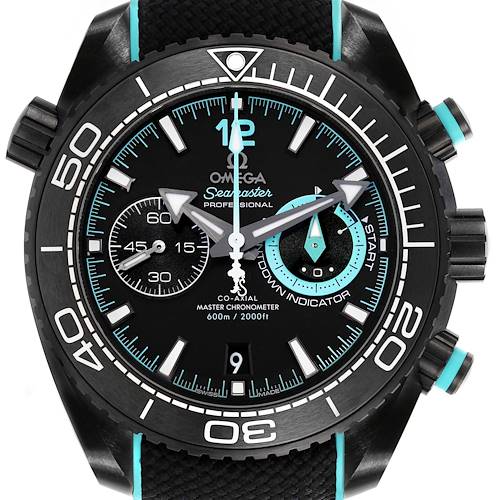 The Omega Planet Ocean 215.92.46.51.01.003 Men's Ceramic Black Dial watch is shown from the front, highlighting the face, bezel, and applied indices.