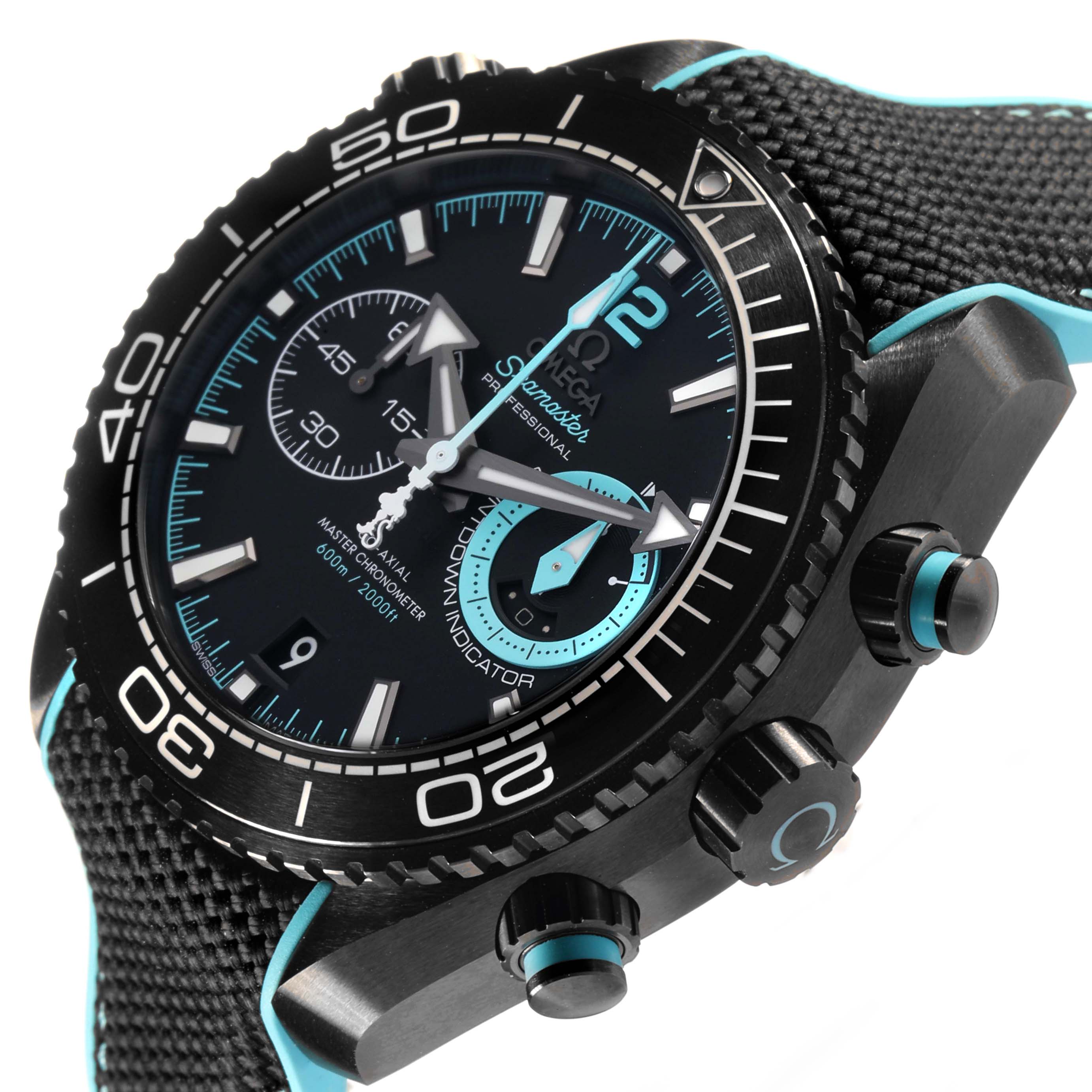 The Omega Planet Ocean 215.92.46.51.01.003 Men's Ceramic Black Dial watch is shown at an angled side view, highlighting the bezel, dial, and crown.