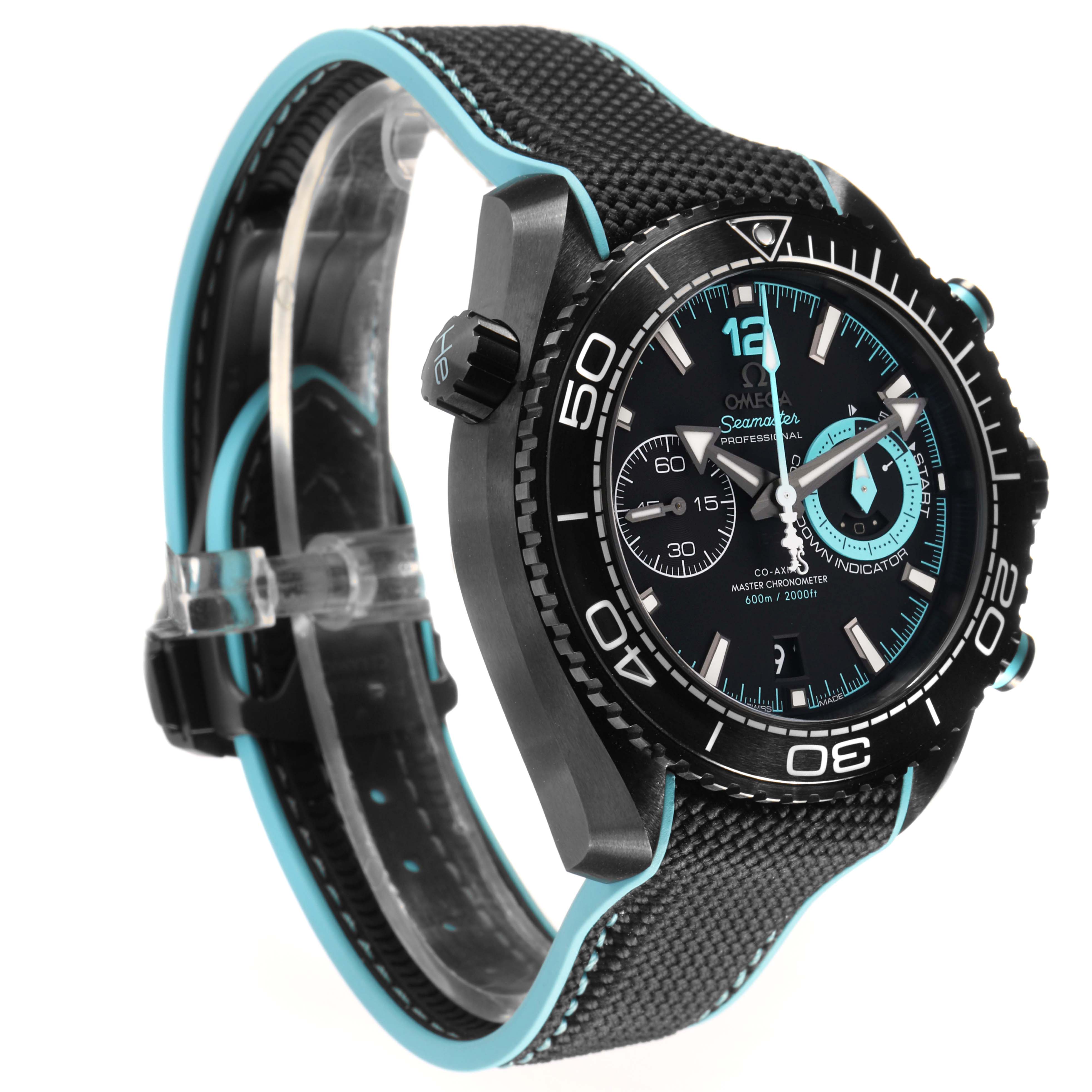 The Omega Planet Ocean 215.92.46.51.01.003 Men's Ceramic Black Dial watch is shown at a slight angle, highlighting the face, bezel, crown, and strap with visible stitching.