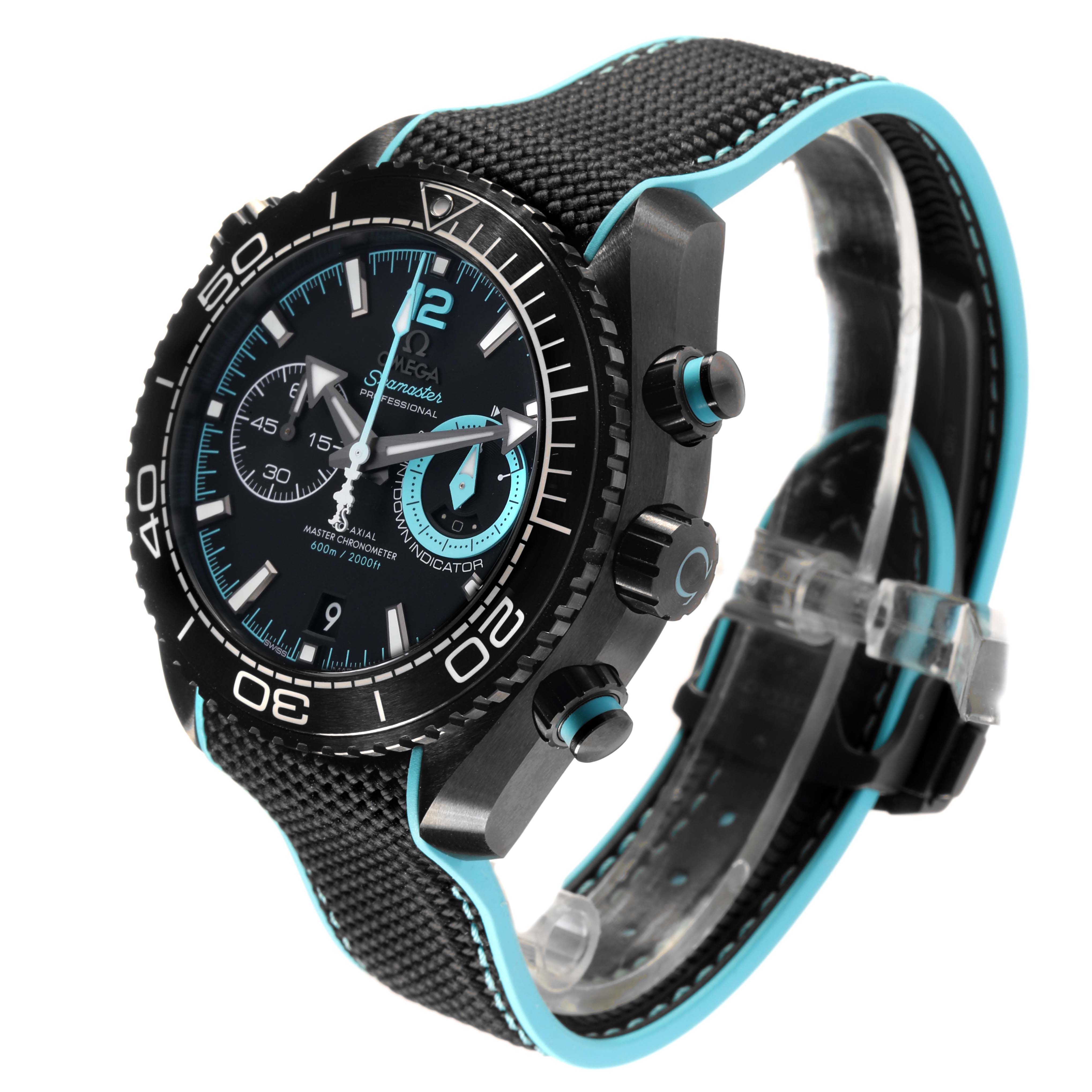 The Omega Planet Ocean 215.92.46.51.01.003 Men's Ceramic Black Dial watch is shown at an angled view, highlighting the bezel, chronograph buttons, and textured strap.