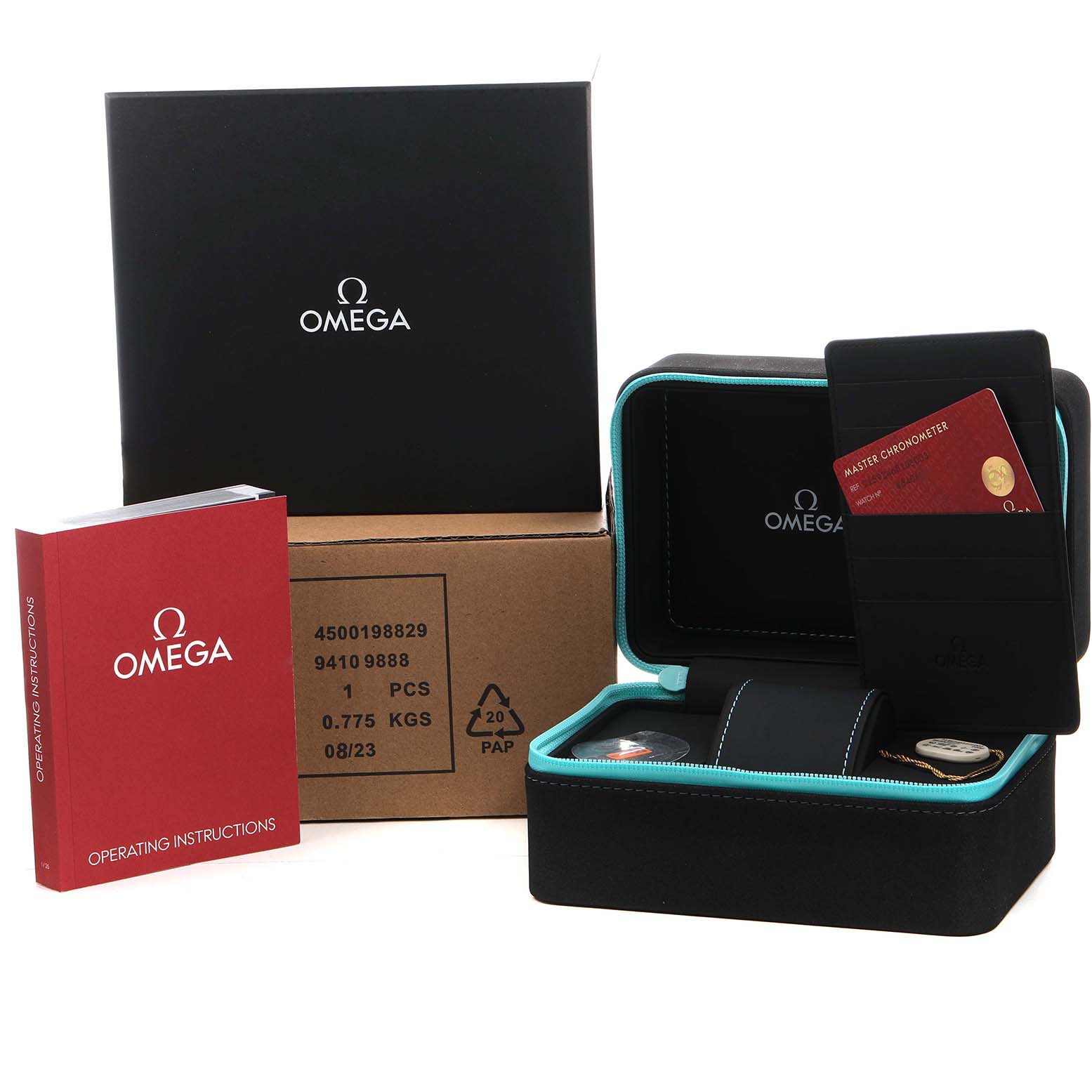 The image shows an Omega Planet Ocean 215.92.46.51.01.003 Men's Ceramic Black Dial watch box, operating instructions, a cardholder, and packaging.