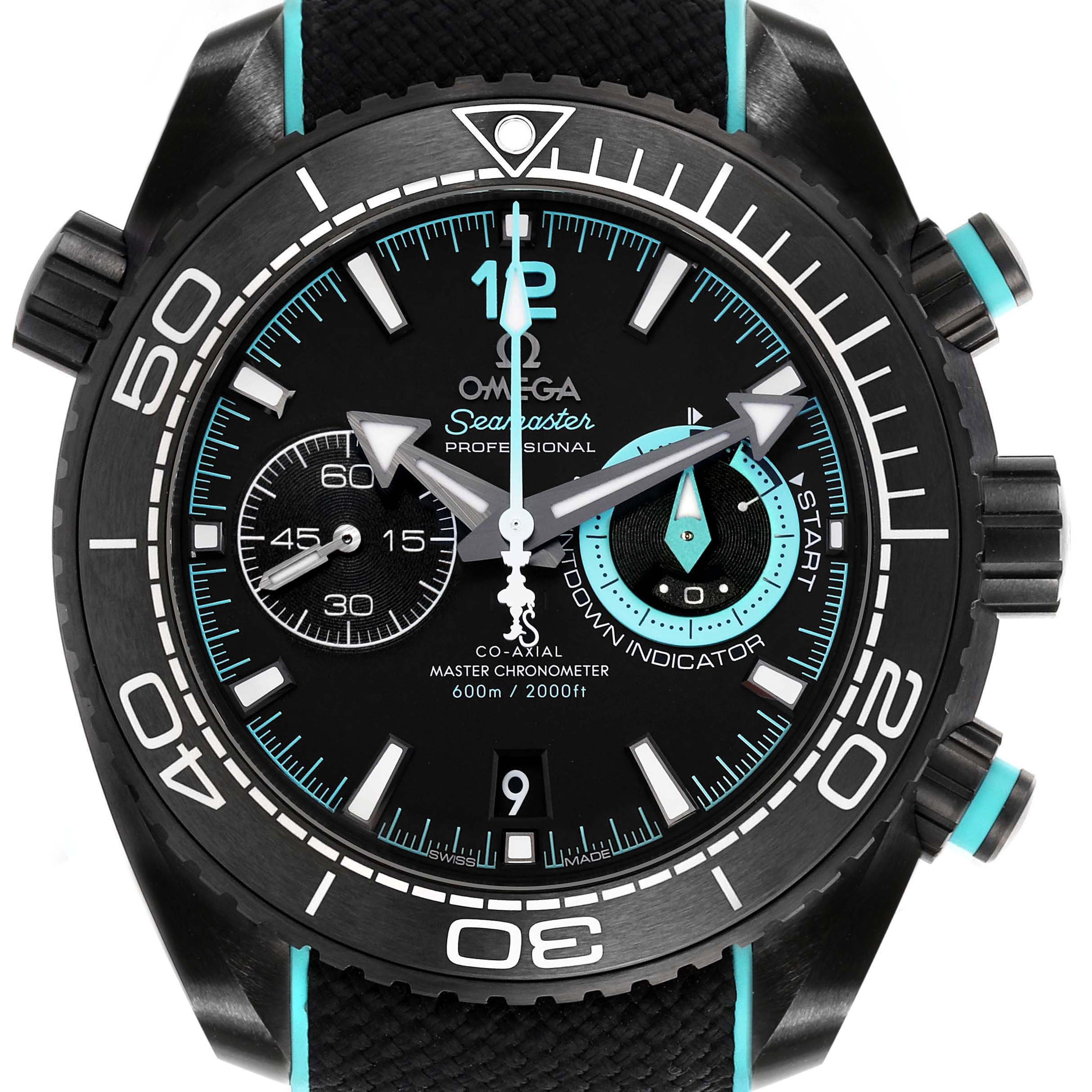 The Omega Planet Ocean 215.92.46.51.01.003 Men's Ceramic Black Dial watch is shown from a front angle, highlighting the dial, bezel, and sub-dials.