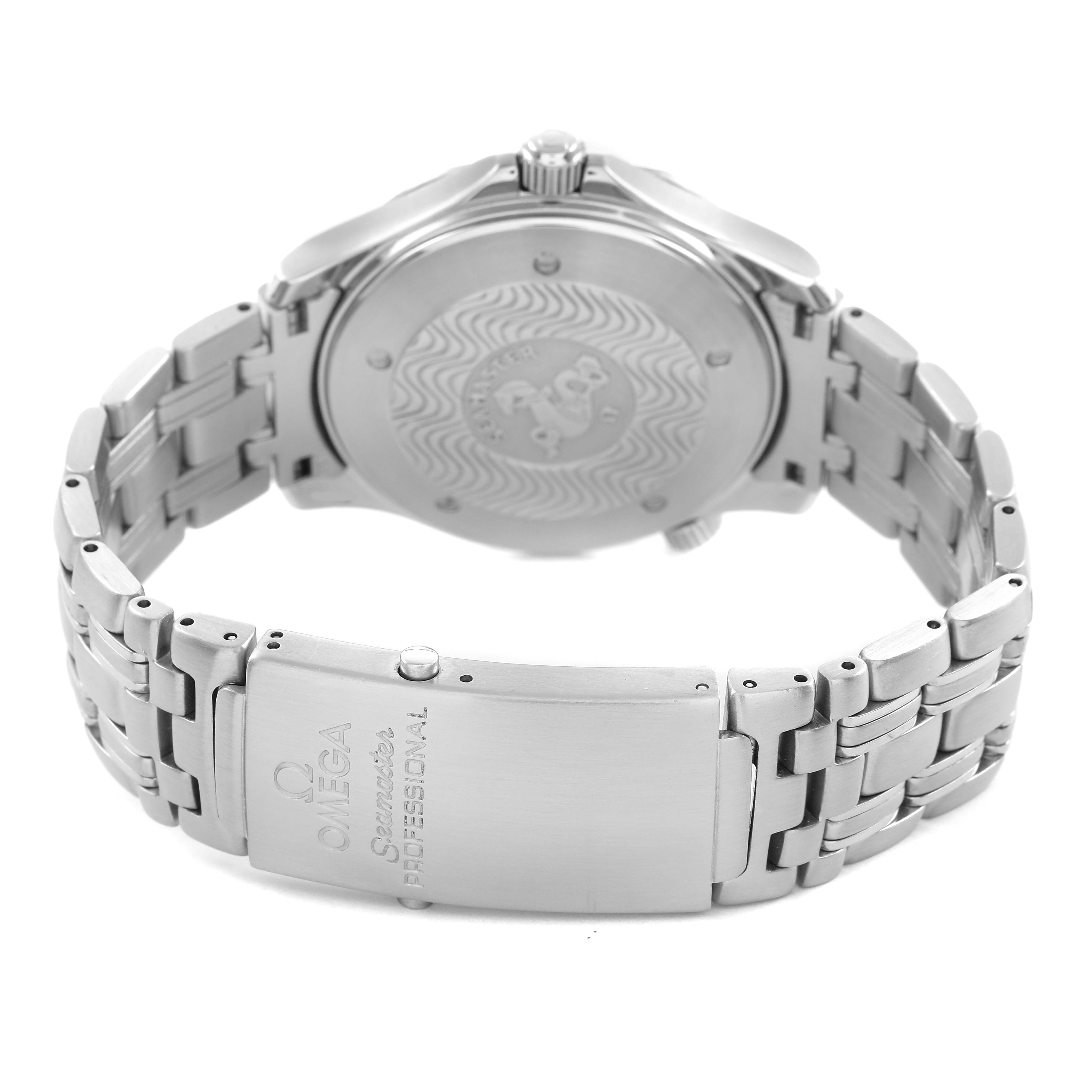 The Omega Seamaster 2531.80.00 Men's Stainless Steel Blue Dial watch is shown from the back, highlighting the case back and steel bracelet with clasp.
