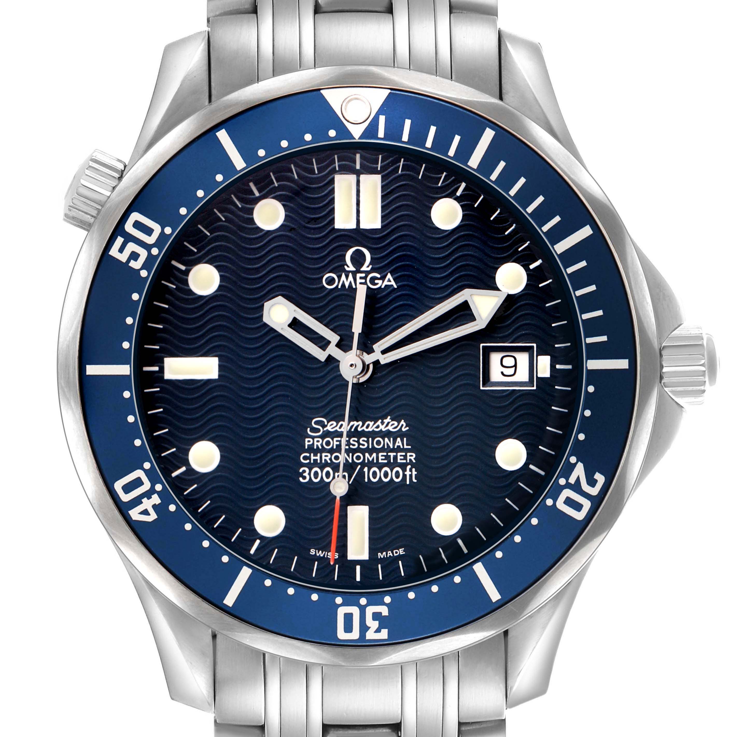 The image shows a front view of the Omega Seamaster 2531.80.00 Men's Stainless Steel Blue Dial watch, highlighting the dial, bezel, hands, and bracelet.