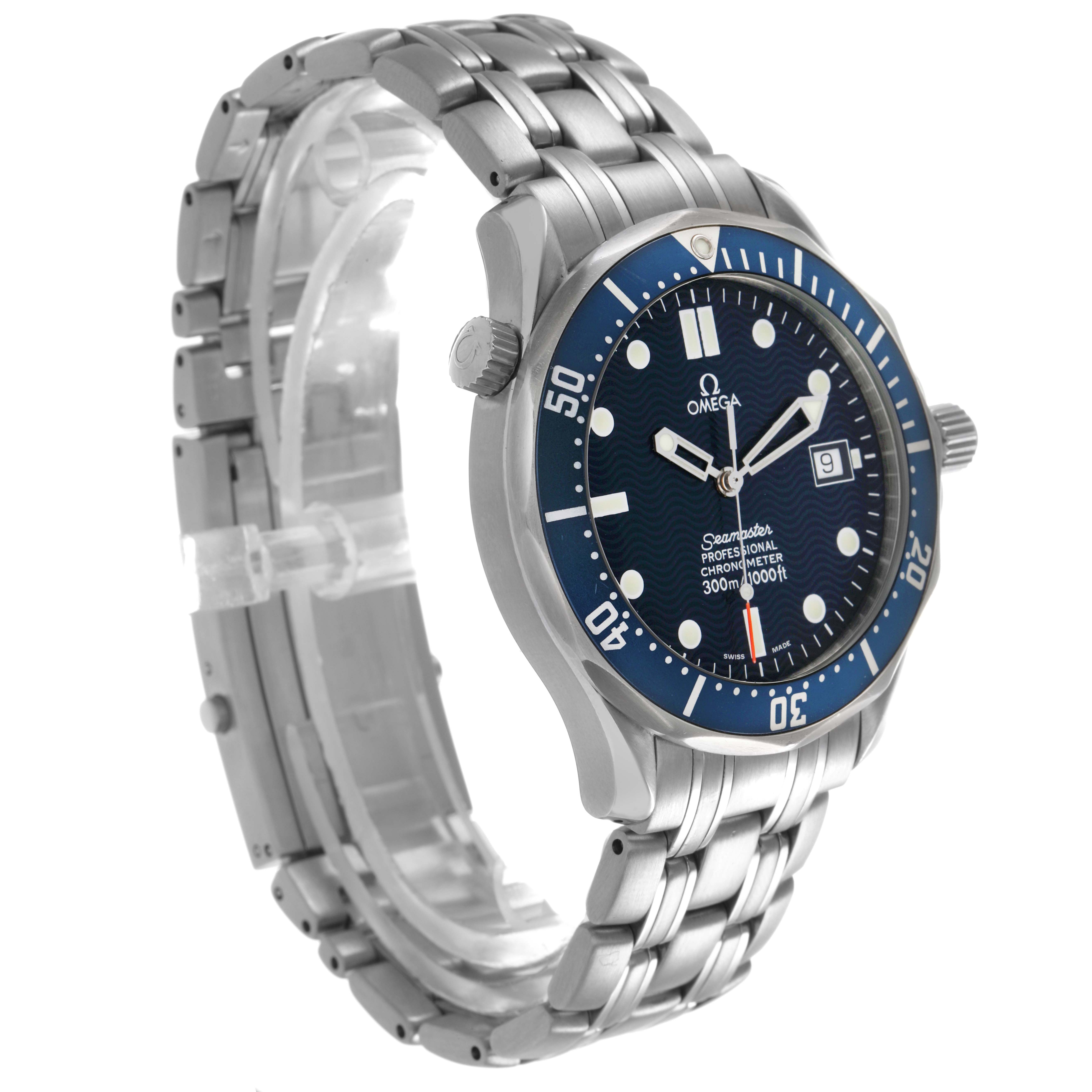 The Omega Seamaster 2531.80.00 Men's Stainless Steel Blue Dial watch is shown at an angle displaying the face, bezel, and stainless steel bracelet.