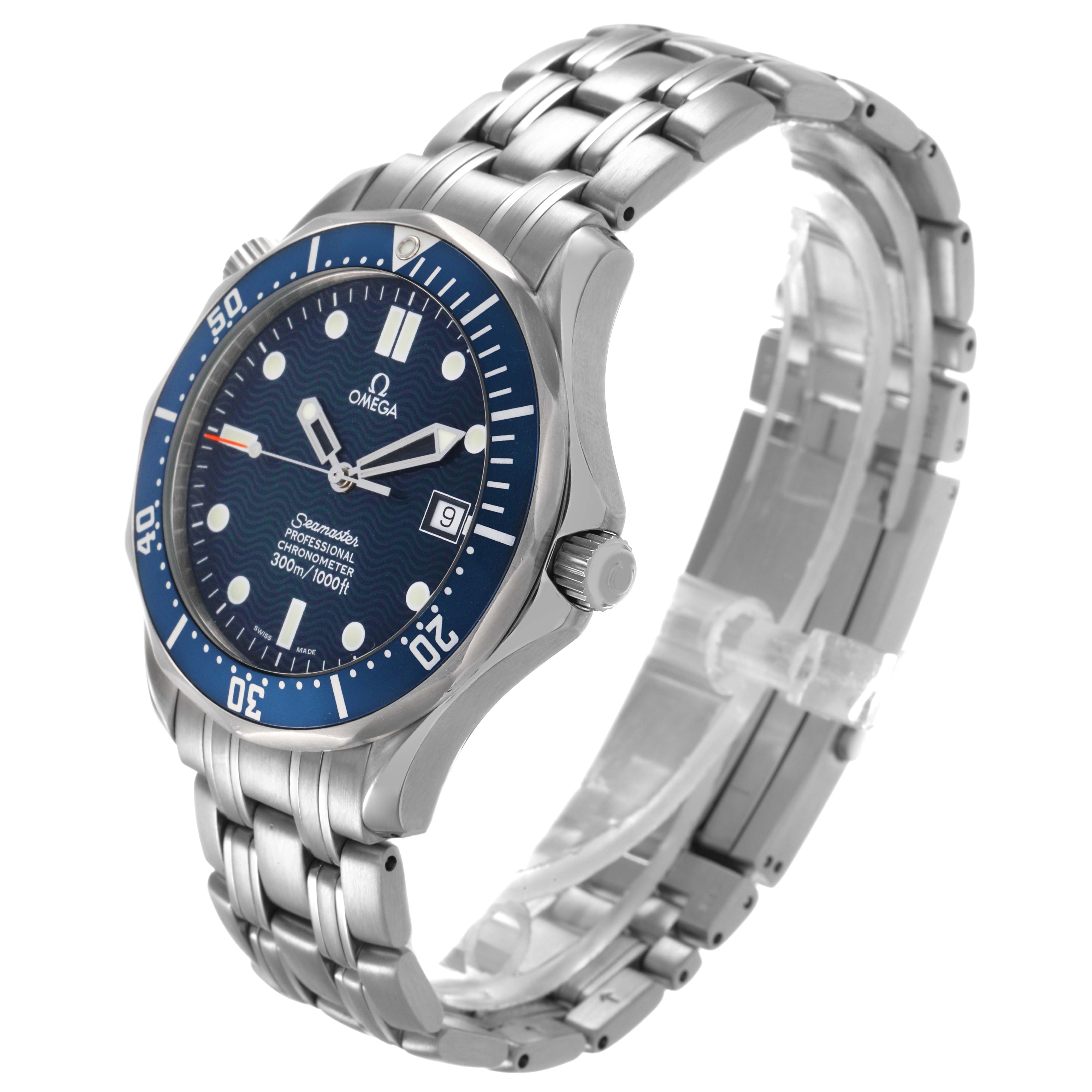 The Omega Seamaster 2531.80.00 Men's Stainless Steel Blue Dial watch is shown at a three-quarter angle, highlighting the face, bezel, and bracelet.