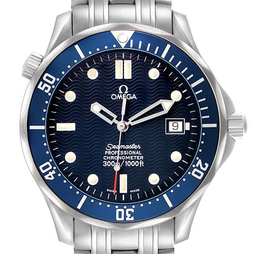 The Omega Seamaster 2531.80.00 Men's Stainless Steel Blue Dial watch is shown from a front angle, highlighting its blue dial, bezel, and stainless steel bracelet.