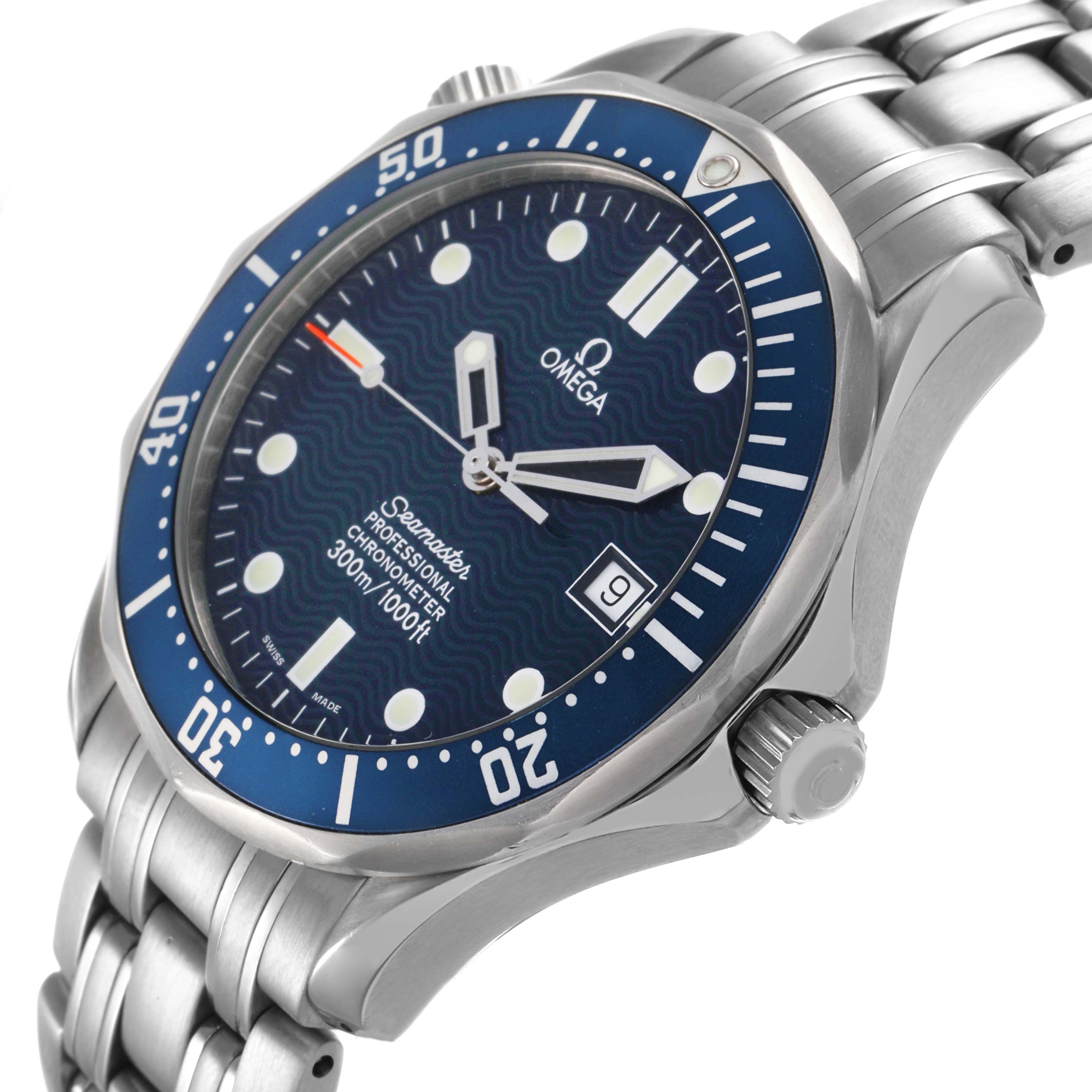 The Omega Seamaster 2531.80.00 Men's Stainless Steel Blue Dial watch is shown at an angled side view, displaying the dial, bezel, crown, and bracelet.