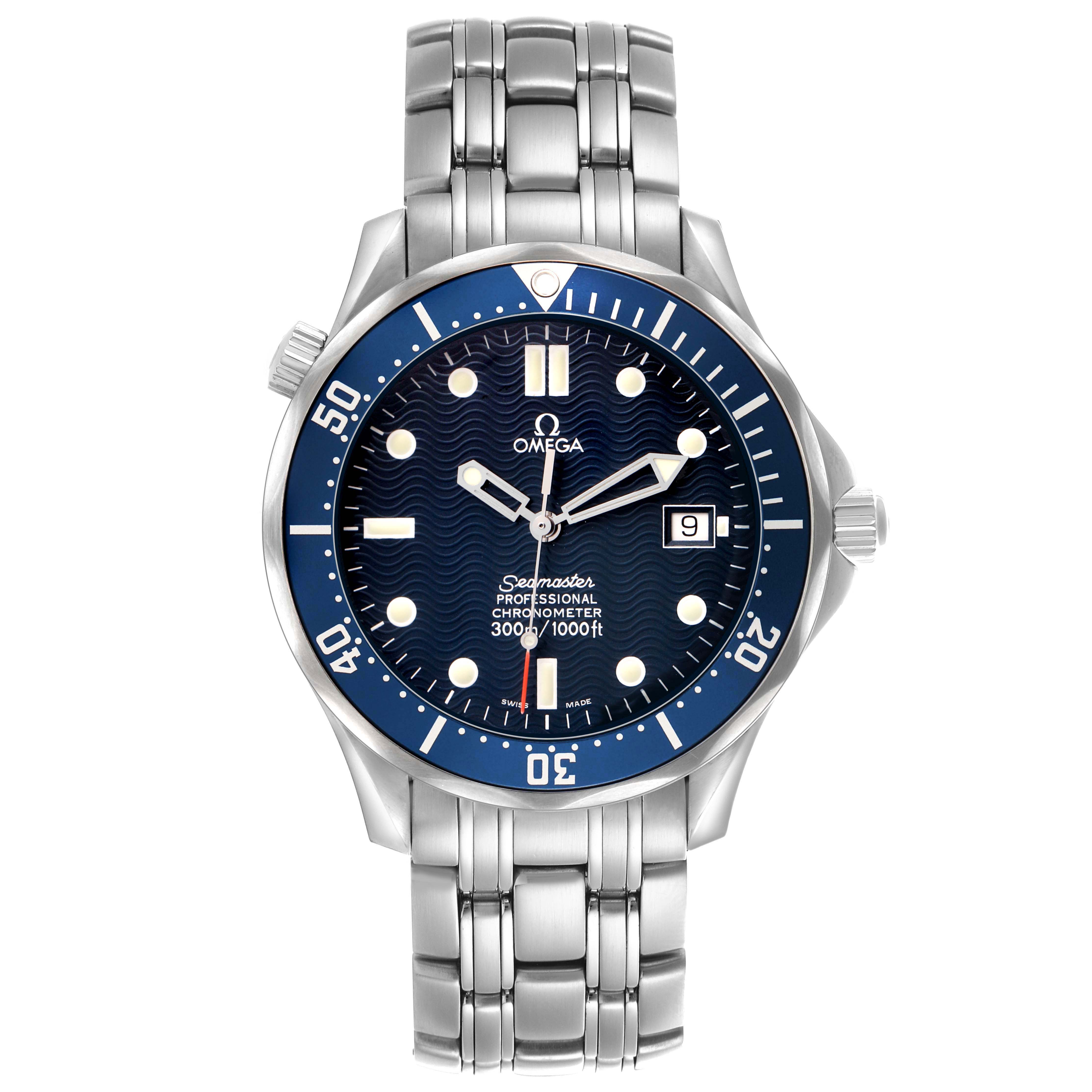 The Omega Seamaster 2531.80.00 Men's Stainless Steel Blue Dial watch is shown from the front, displaying the dial, bezel, bracelet, and crown clearly.