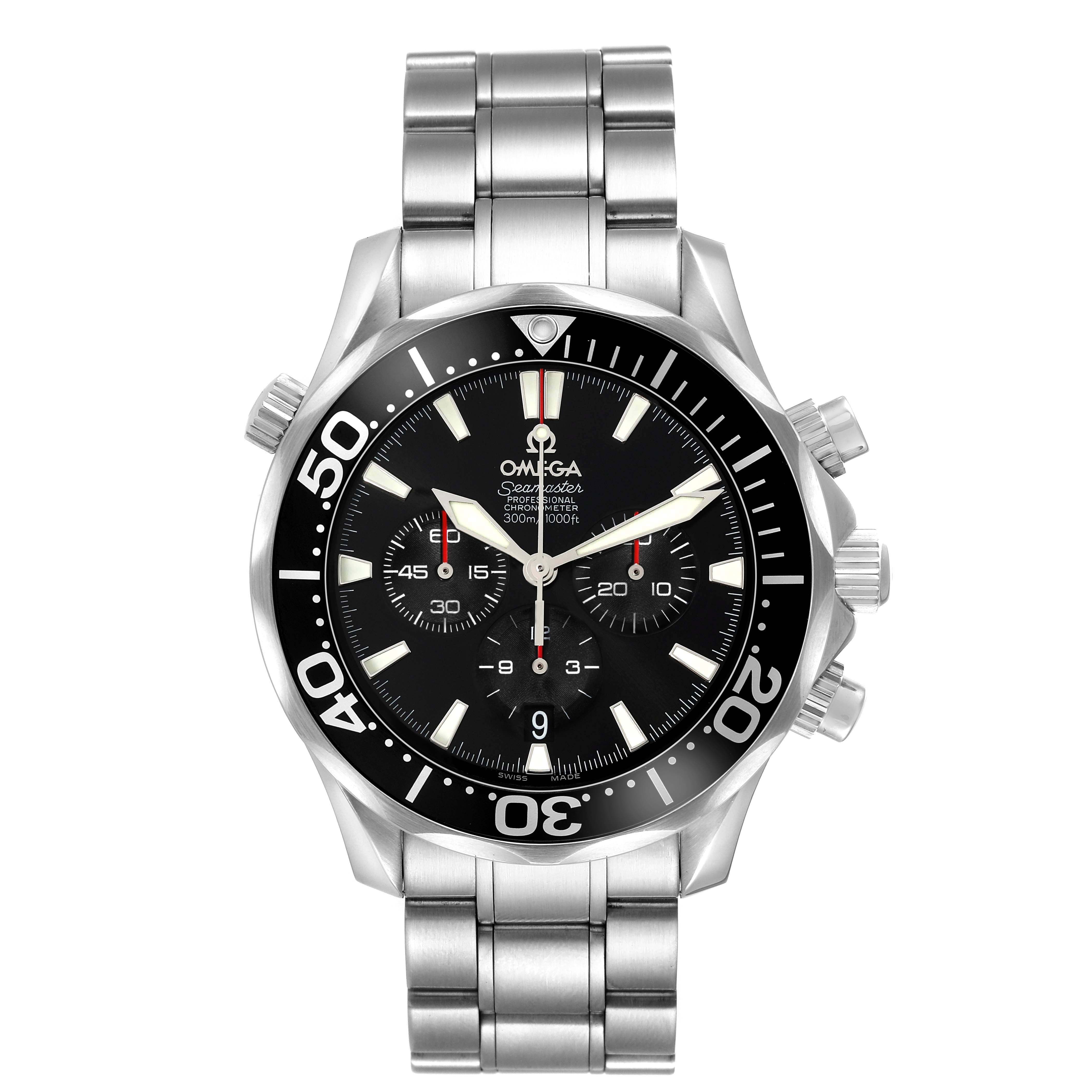 The Omega Seamaster 2594.52.00 Men's Stainless Steel Black Dial is shown from the front, displaying its dial, bezel, and stainless steel bracelet.