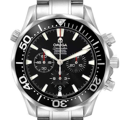 The Omega Seamaster 2594.52.00 Men's Stainless Steel Black Dial watch is shown from the front, displaying the dial, bezel, subdials, and bracelet.