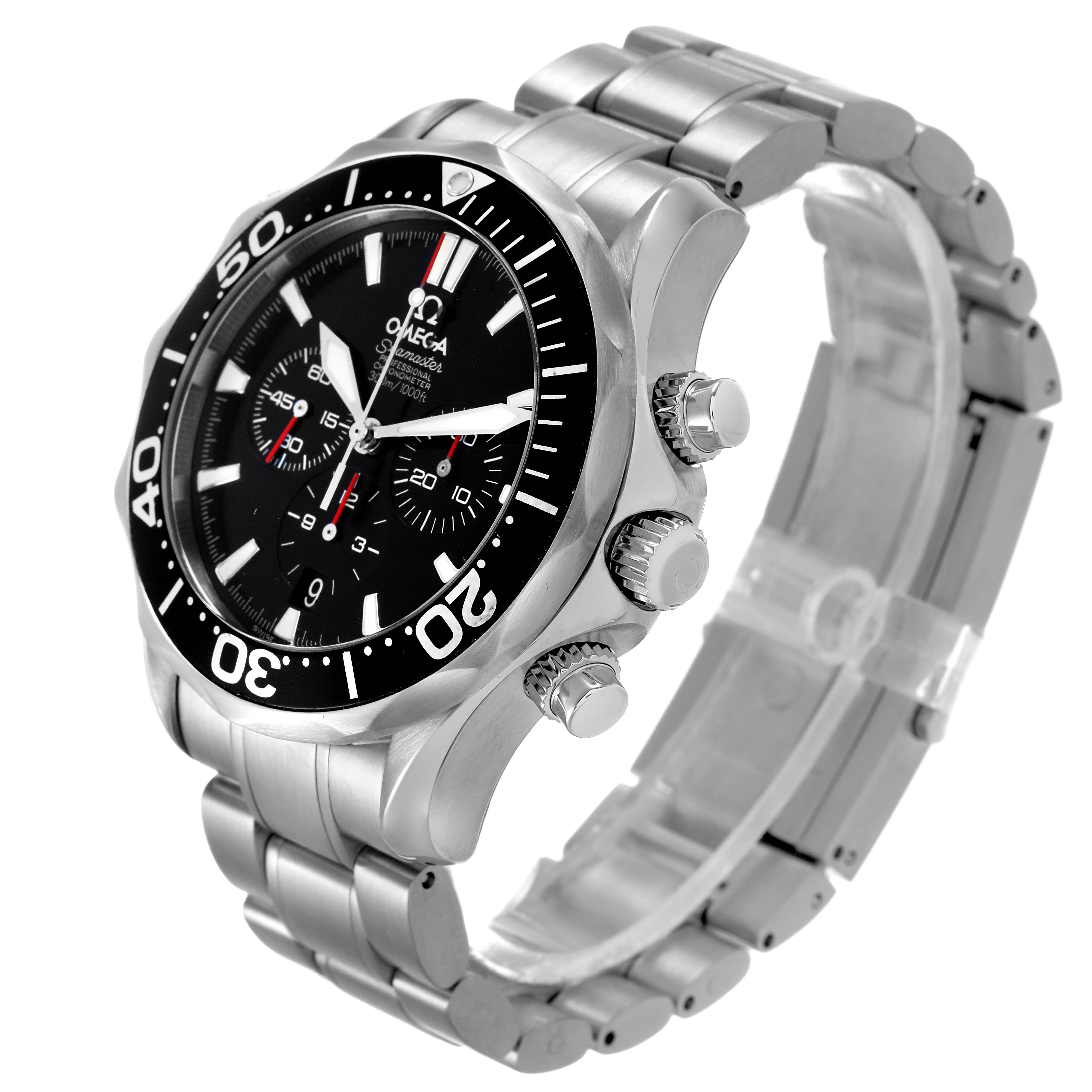 The image shows an angled side view of an Omega Seamaster 2594.52.00 Men's Stainless Steel Black Dial watch, highlighting its bezel, dial, and metal bracelet.