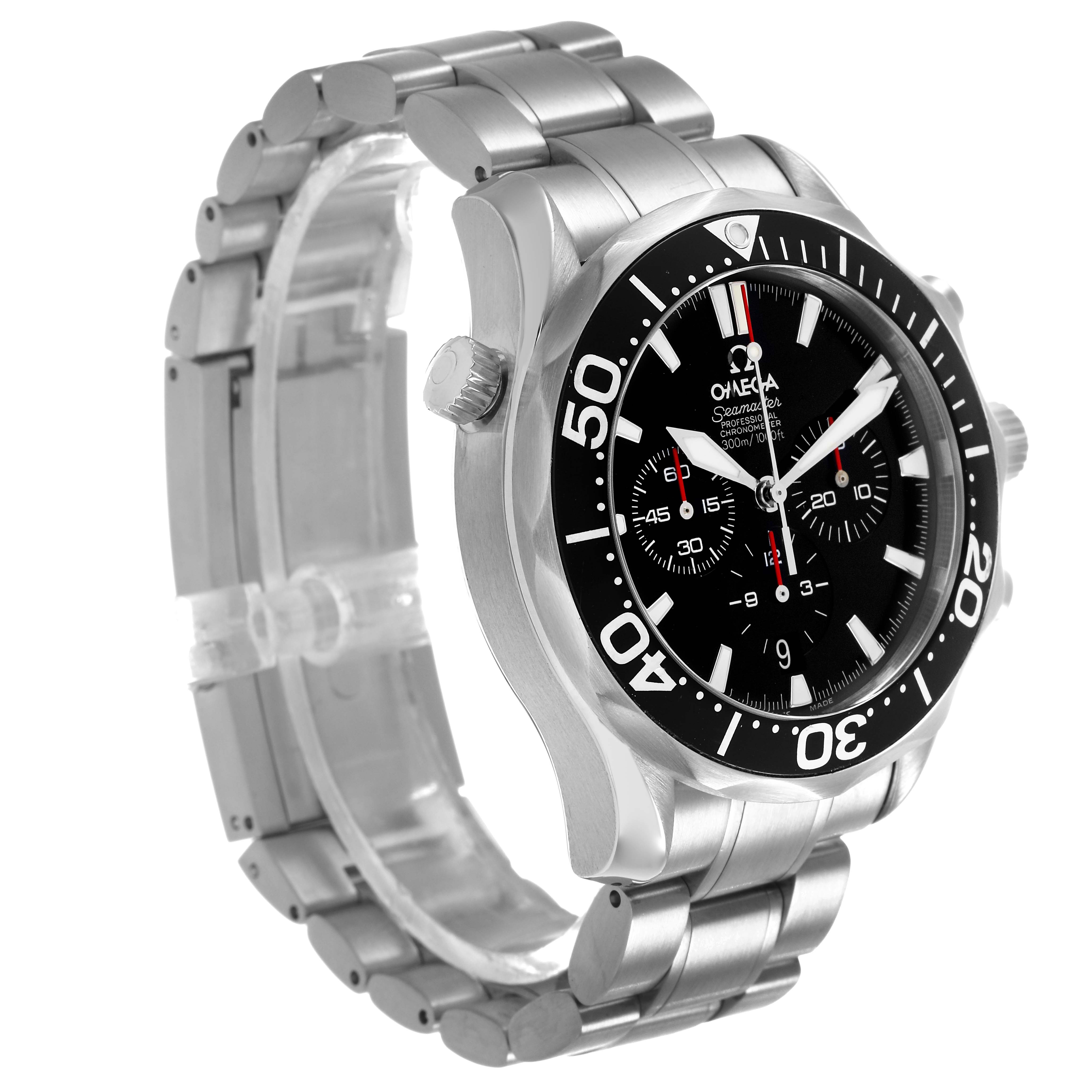 The Omega Seamaster 2594.52.00 Men's Stainless Steel Black Dial watch is shown at a slight angle, highlighting the face, bezel, case, and bracelet.