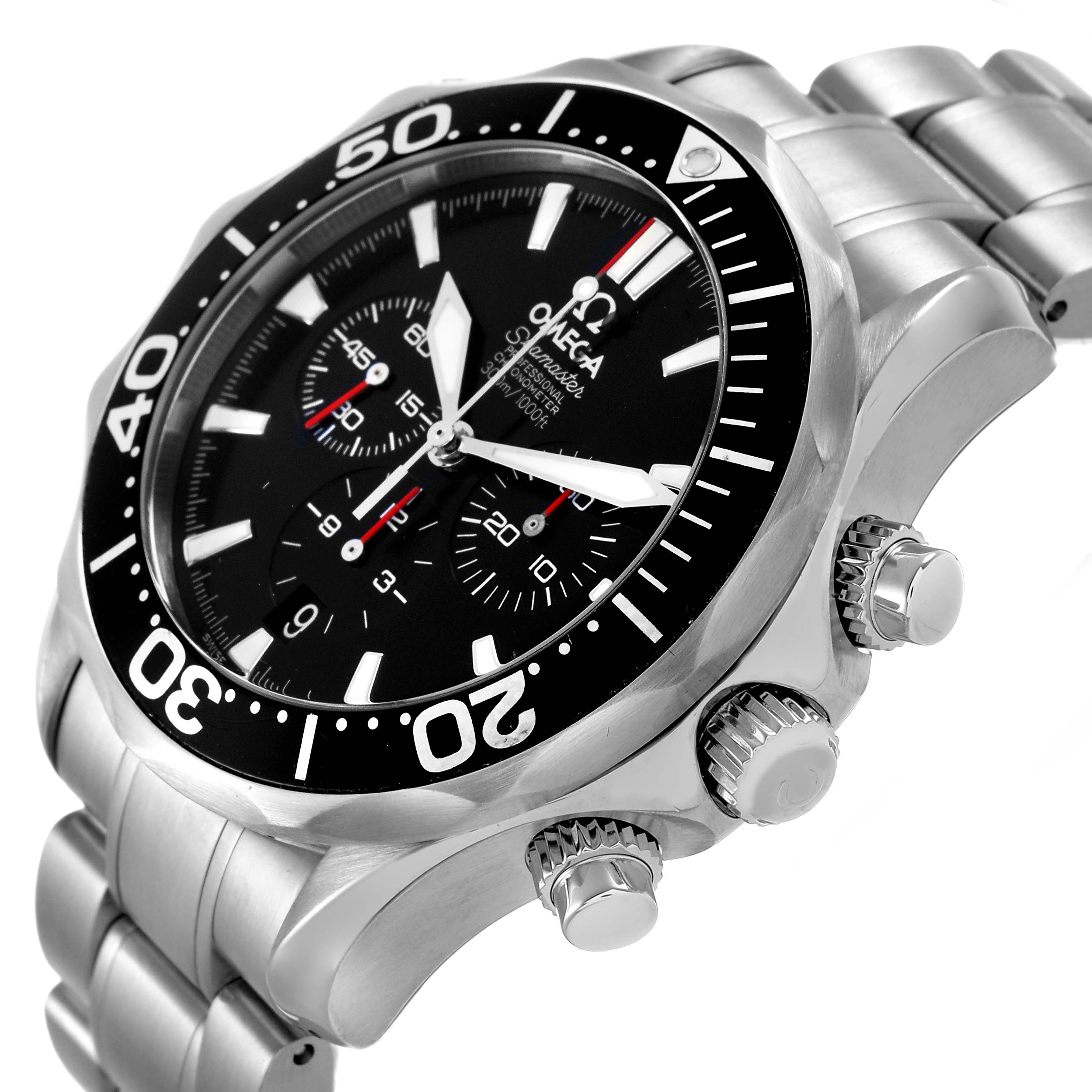 The Omega Seamaster 2594.52.00 Men's Stainless Steel Black Dial watch is shown at an angled view, highlighting its bezel, dial, pushers, and bracelet.