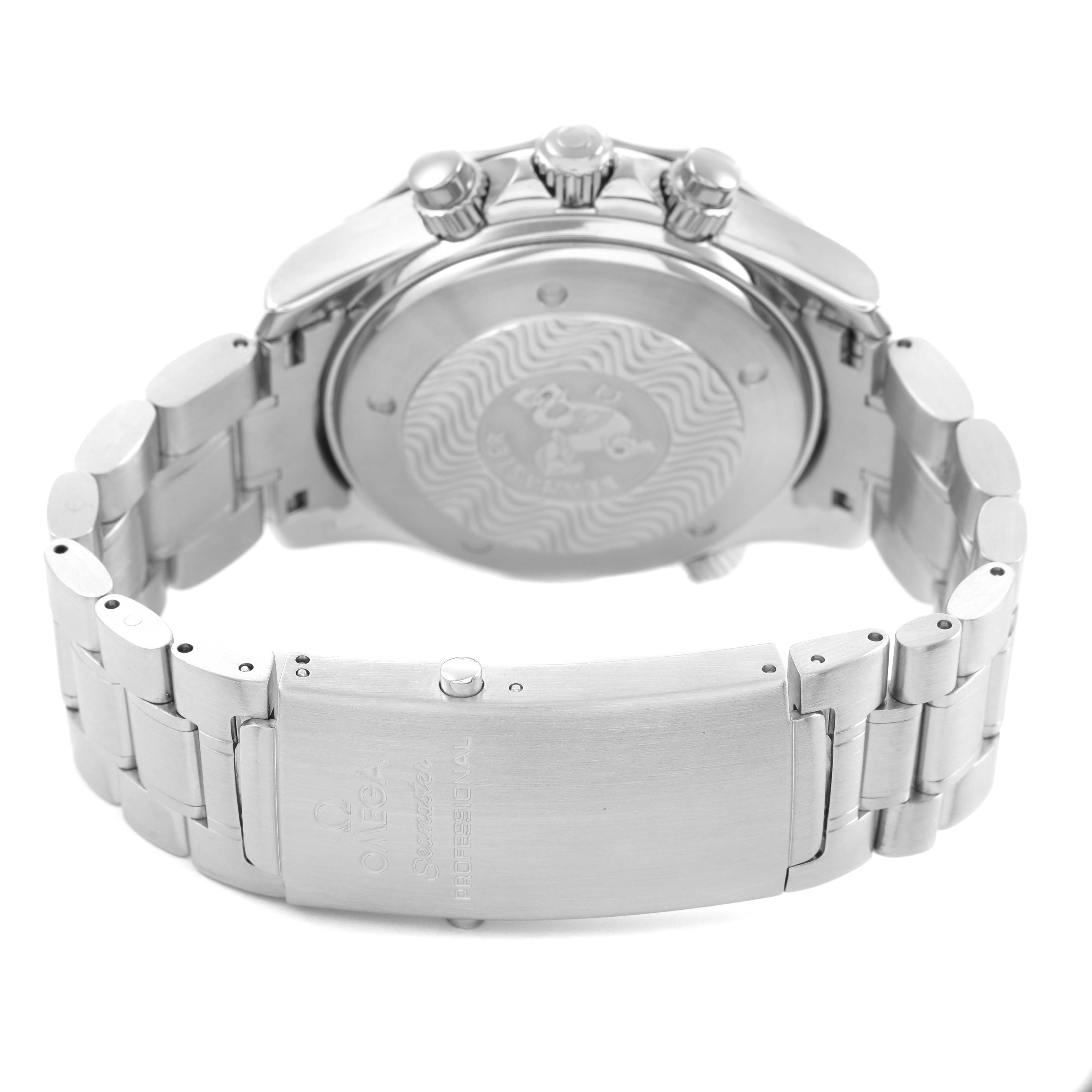 The image shows the back case and clasp of the Omega Seamaster 2594.52.00 Men's Stainless Steel Black Dial watch, highlighting the bracelet and engraved backside.