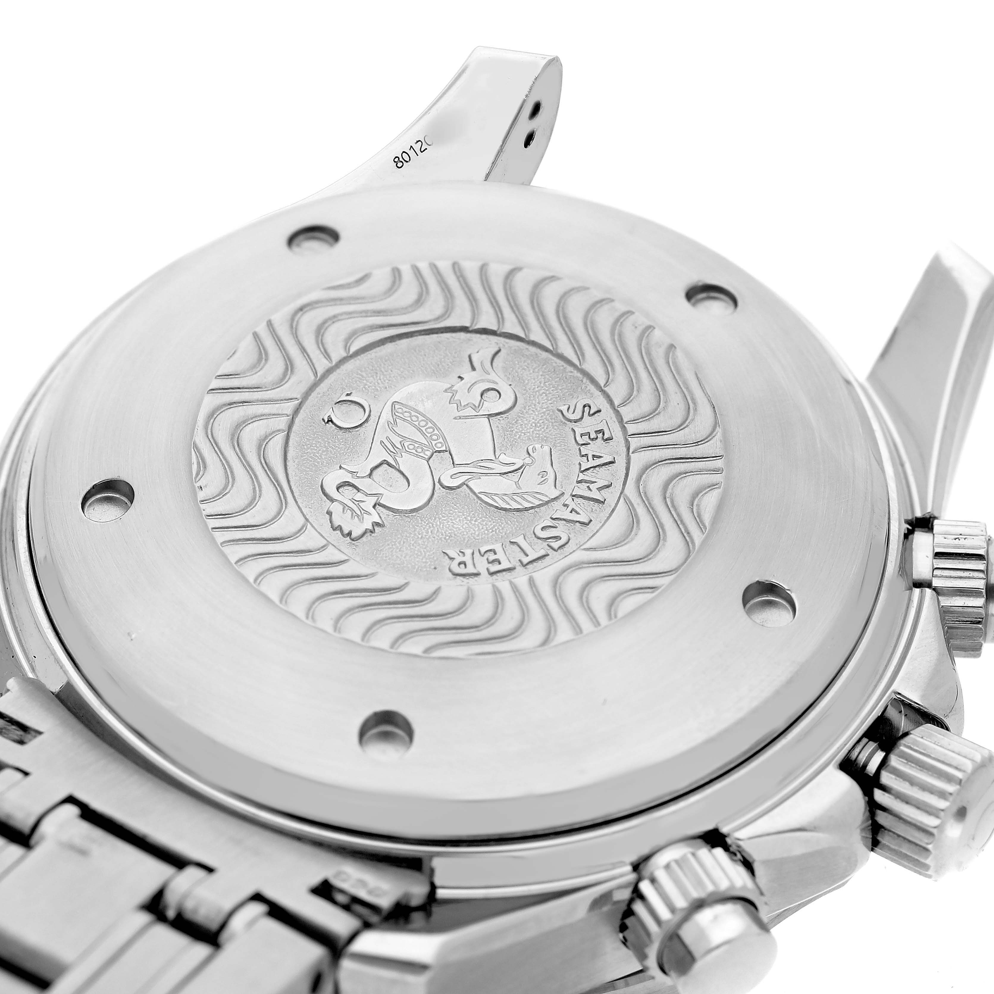 The image shows the back case of an Omega Seamaster 2599.80.00 Men's Stainless Steel Blue Dial, featuring the embossed logo, along with visible crown and bracelet parts.