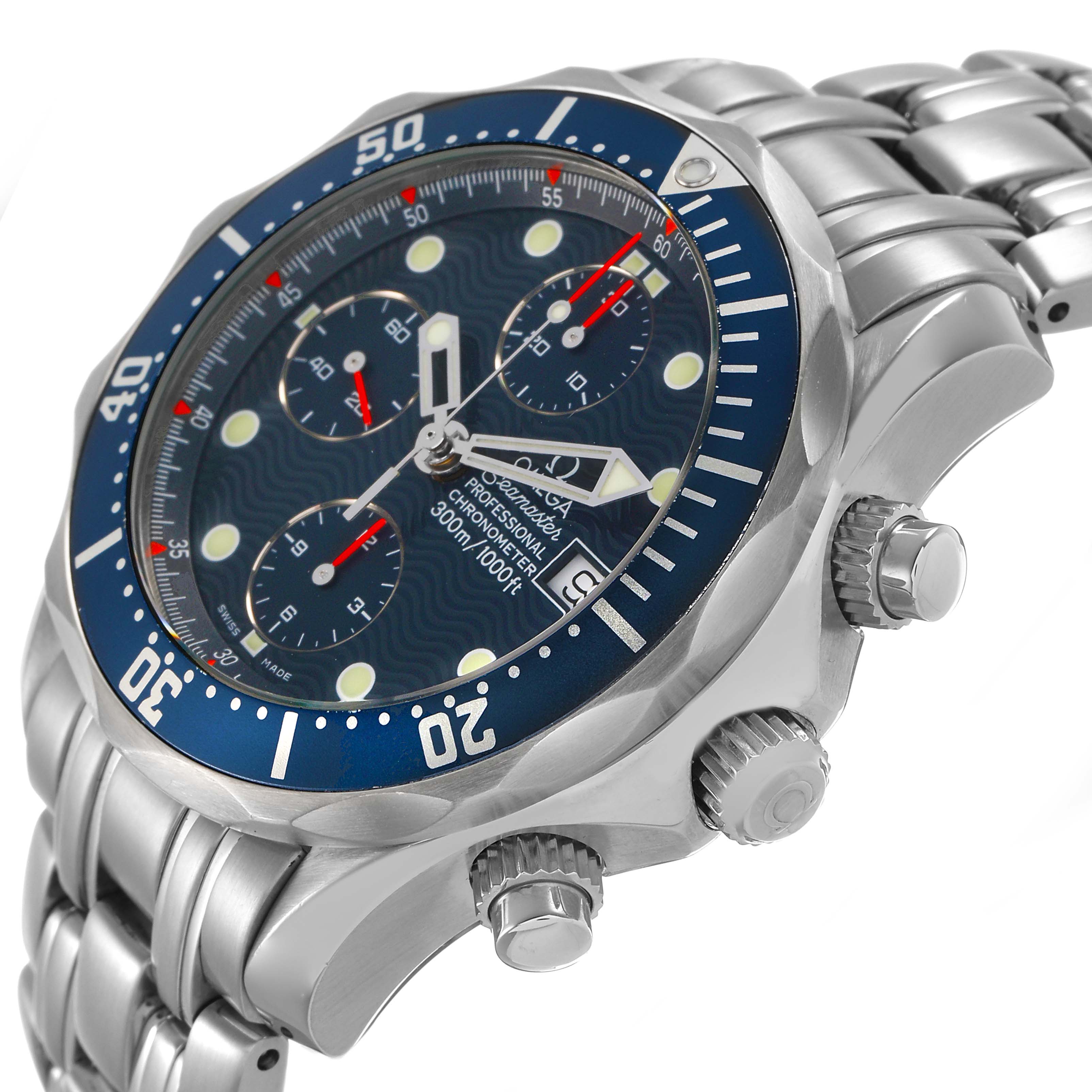 The image shows the Omega Seamaster 2599.80.00 Men's Stainless Steel Blue Dial watch at an angle highlighting the blue dial, bezel, crown, and stainless steel bracelet.