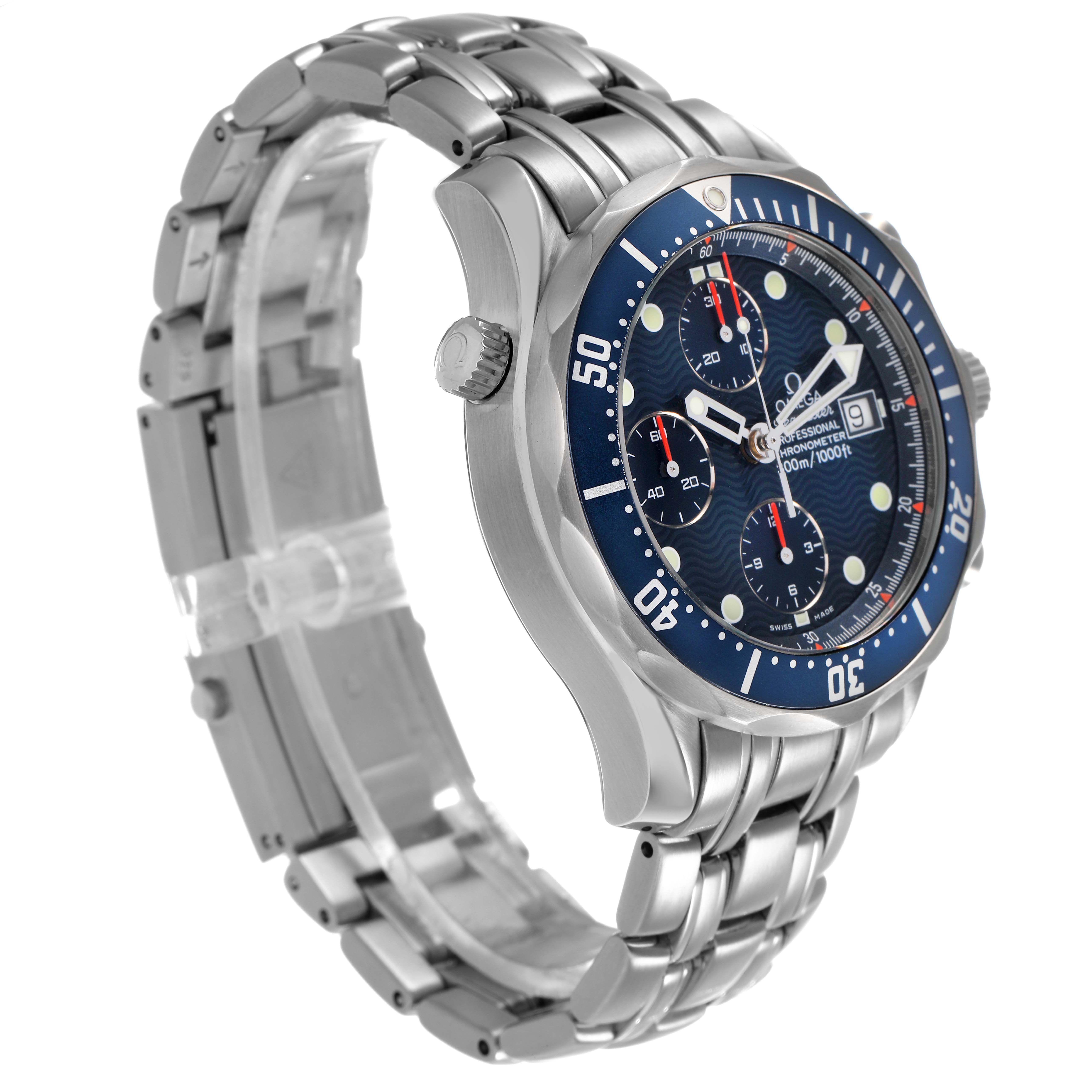 The image shows the Omega Seamaster 2599.80.00 Men's Stainless Steel Blue Dial watch at a side angle, highlighting the bracelet, case, dial, and bezel.