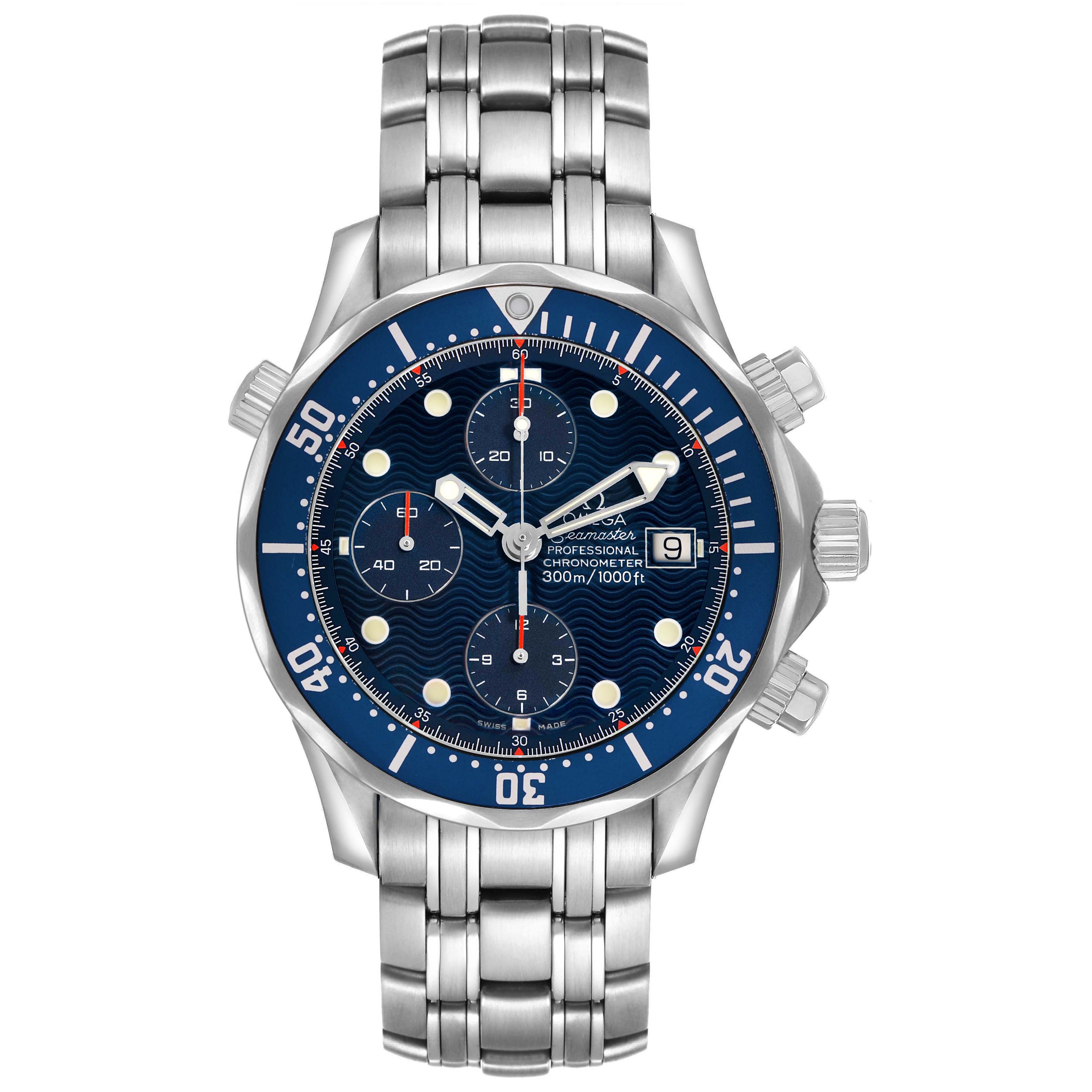 The Omega Seamaster 2599.80.00 Men's Stainless Steel Blue Dial watch is shown from the front, highlighting its blue dial, bezel, chronograph subdials, and stainless steel bracelet.