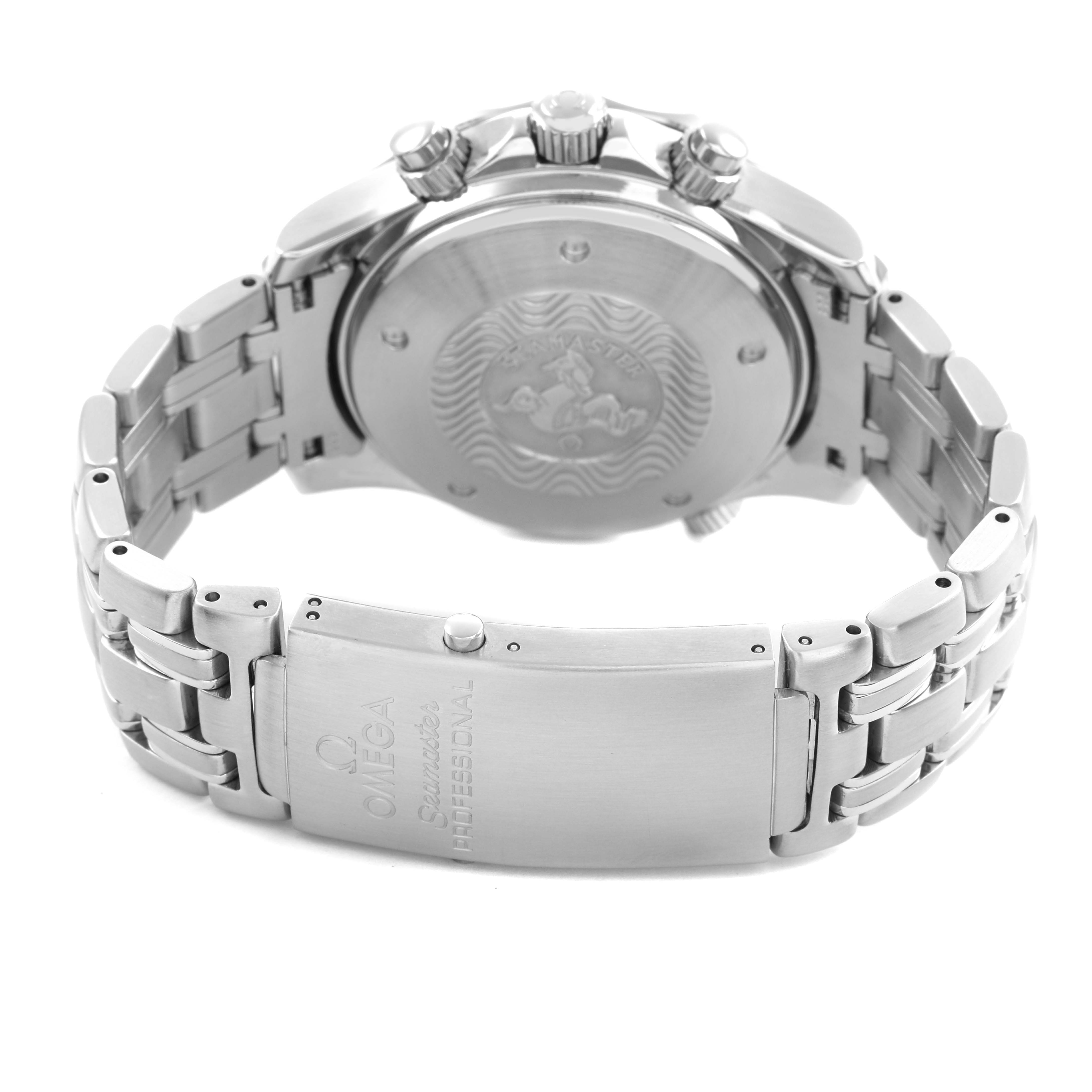 The Omega Seamaster 2599.80.00 Men's Stainless Steel Blue Dial is shown from the back, displaying the clasp, bracelet, and case back with intricate markings.