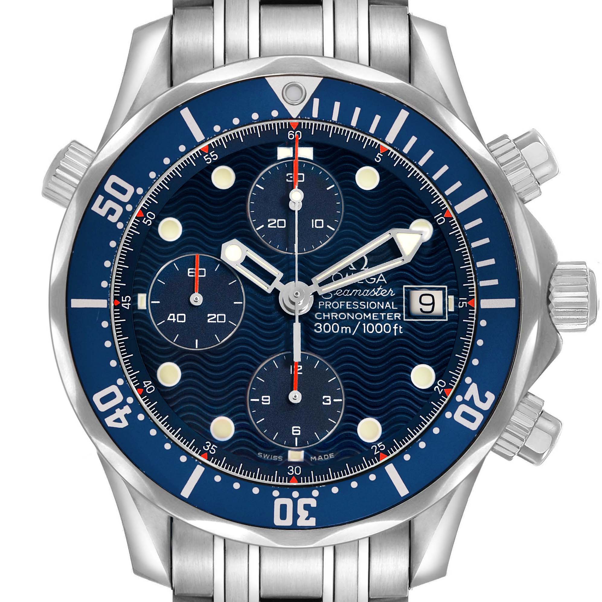 The Omega Seamaster 2599.80.00 Men's Stainless Steel Blue Dial watch is shown front on, displaying the dial, bezel, crown, pushers, and part of the metal bracelet.