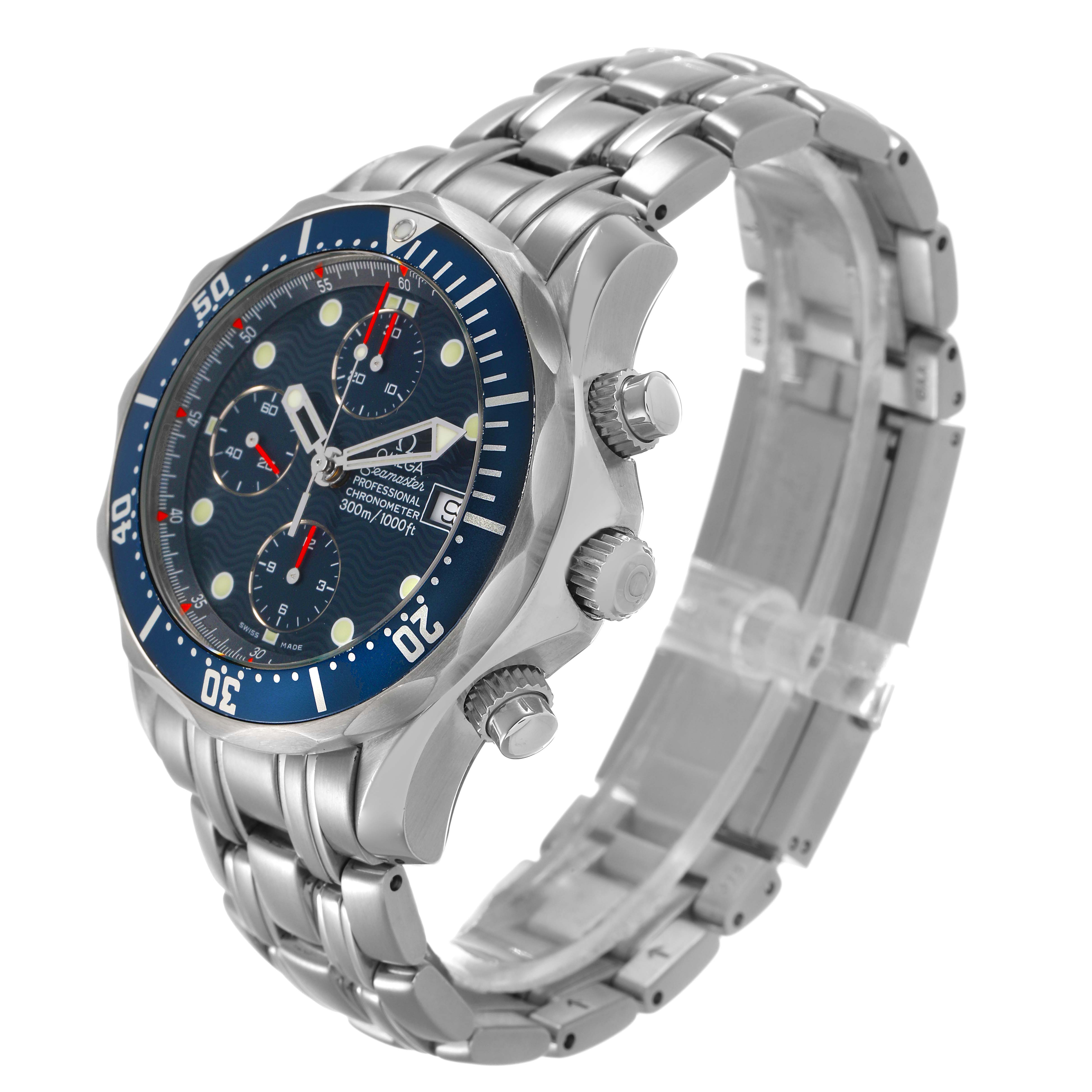 The image shows an angled view of an Omega Seamaster 2599.80.00 Men's Stainless Steel Blue Dial watch, highlighting the bezel, dials, crown, and stainless steel bracelet.