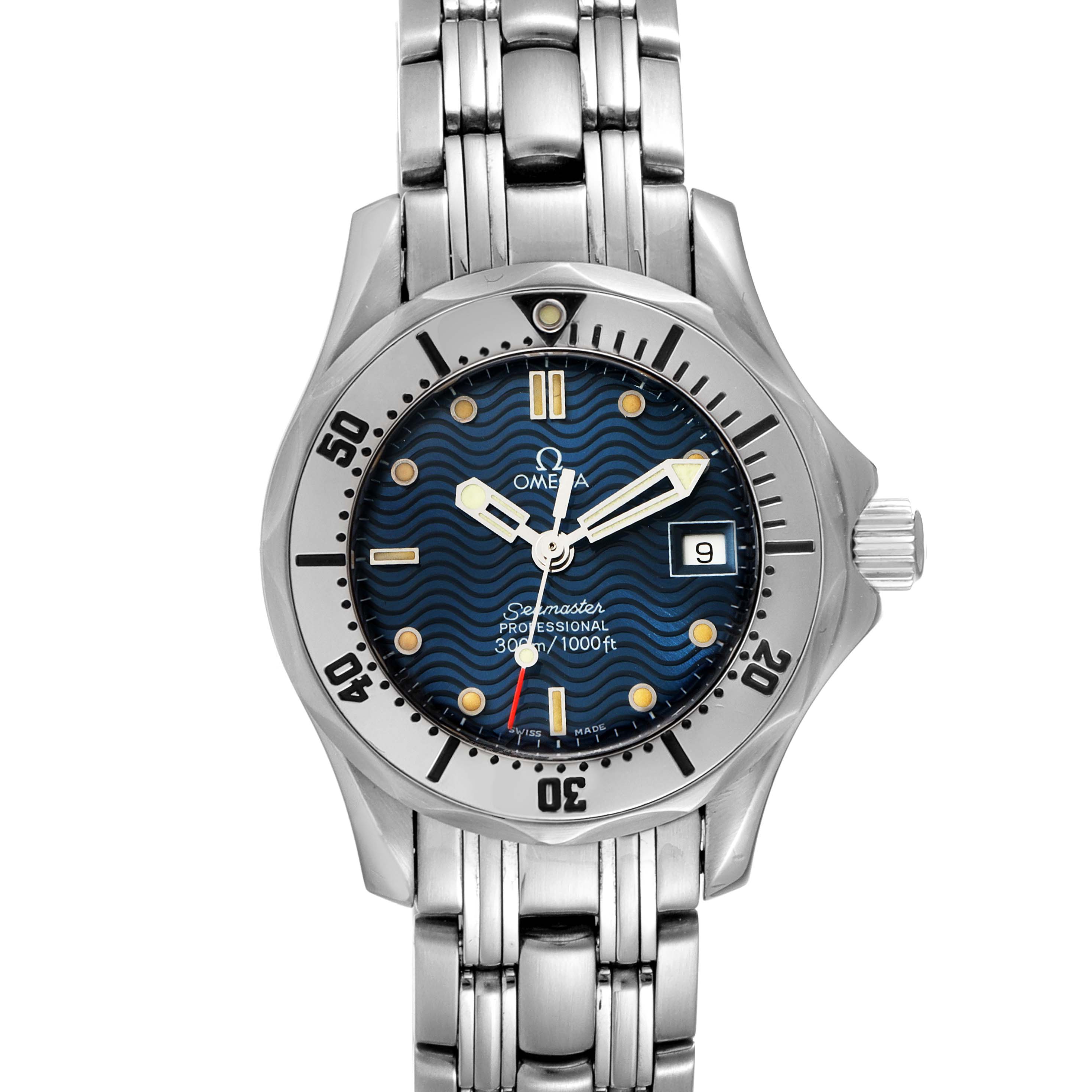 The image shows a front view of the Omega 2285.80.00 Women's Stainless Steel Blue Dial 2285.80.00 Women's Stainless Steel Blue Dial Seamaster Diver 300M Quartz 28mm Steel Ladies Watch model 2285.80.00, highlighting the dial, bezel, and bracelet.