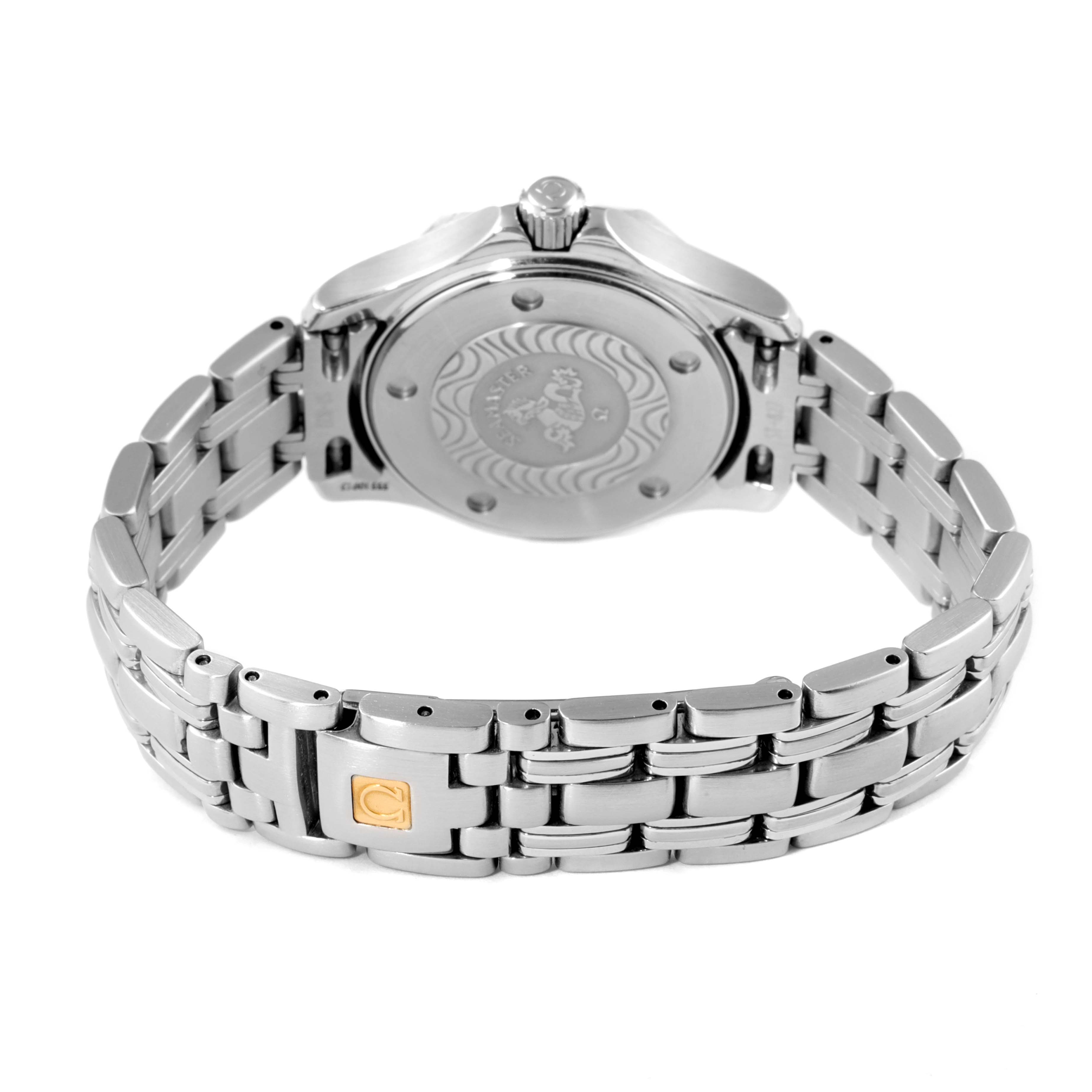 The image shows the back and bracelet of the Omega 2285.80.00 Women's Stainless Steel Blue Dial 2285.80.00 Women's Stainless Steel Blue Dial Seamaster Diver 300M Quartz 28mm Steel Ladies Watch 2285.80.00.