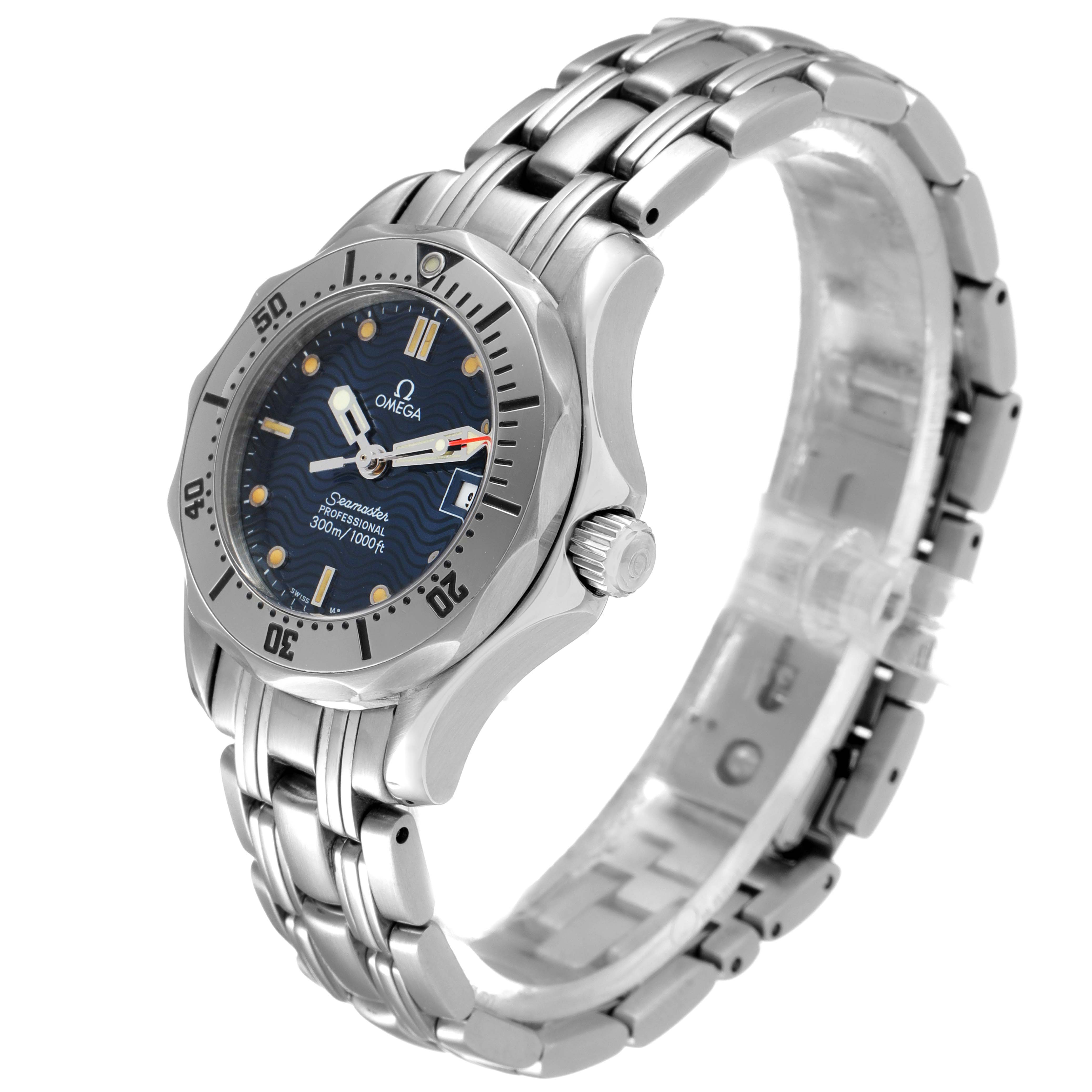 The Omega 2285.80.00 Women's Stainless Steel Blue Dial 2285.80.00 Women's Stainless Steel Blue Dial Seamaster Diver 300M Quartz 28mm Steel Ladies Watch 2285.80.00 is shown at an angled view focusing on the dial, bezel, and bracelet.