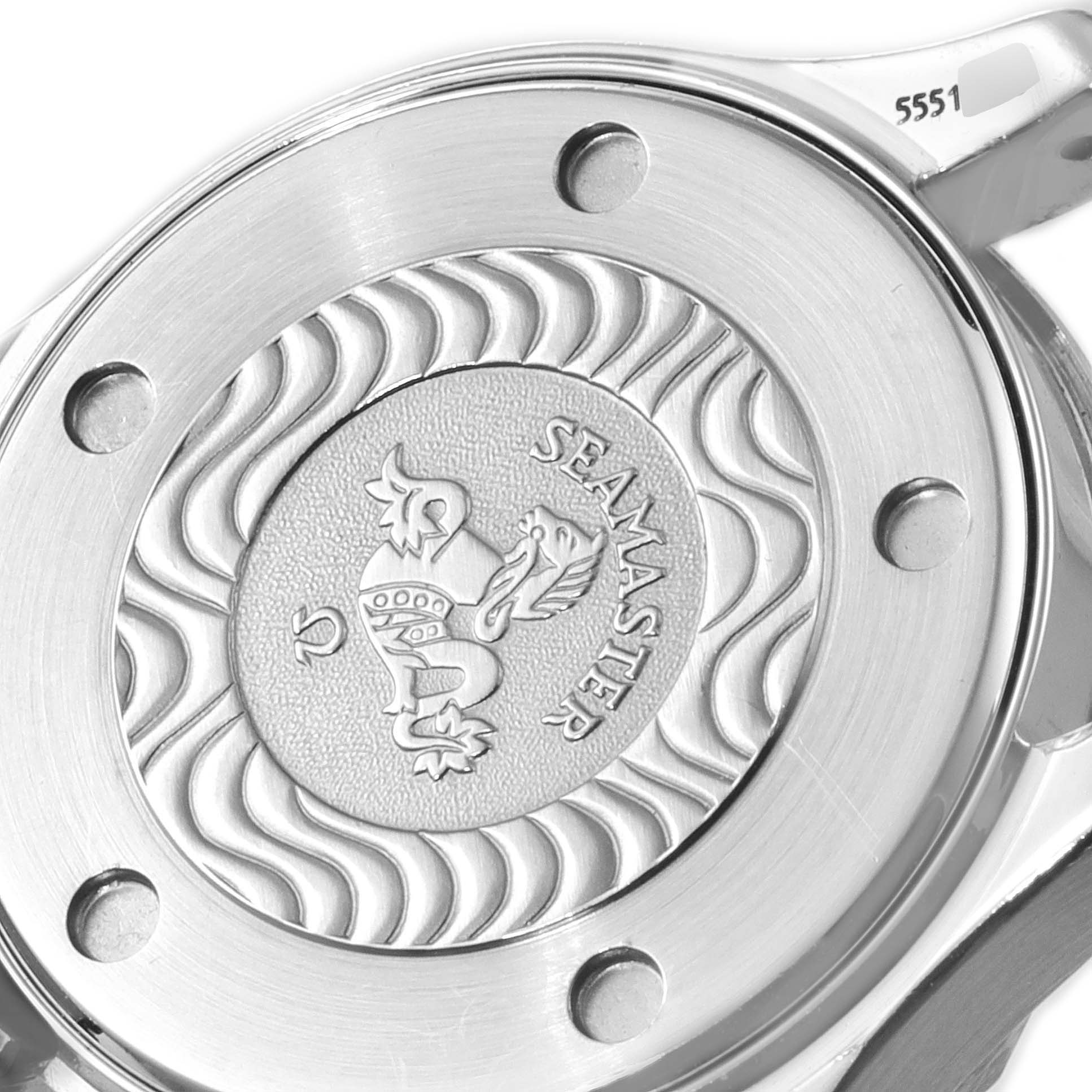 The image shows the case back of the Omega 2285.80.00 Women's Stainless Steel Blue Dial 2285.80.00 Women's Stainless Steel Blue Dial Seamaster Diver 300M Quartz 28mm Steel Ladies Watch, model 2285.80.00.