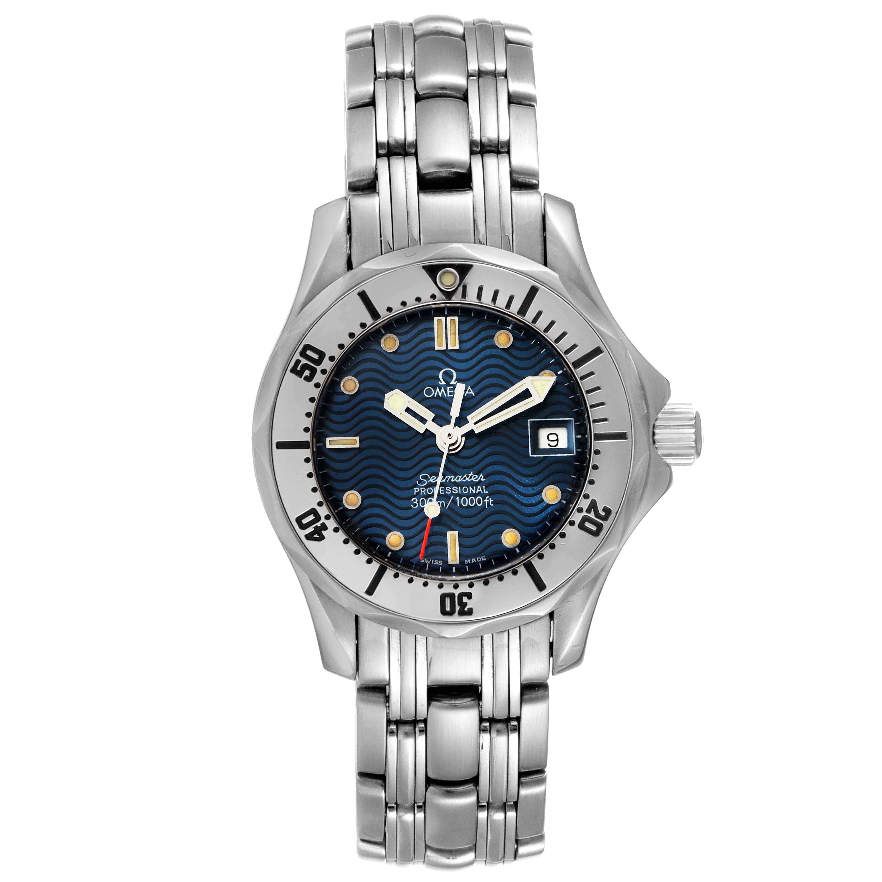 The image shows a front view of the Omega 2285.80.00 Women's Stainless Steel Blue Dial 2285.80.00 Women's Stainless Steel Blue Dial Seamaster Diver 300M Quartz 28mm Steel Ladies Watch 2285.80.00, displaying the dial and bracelet.